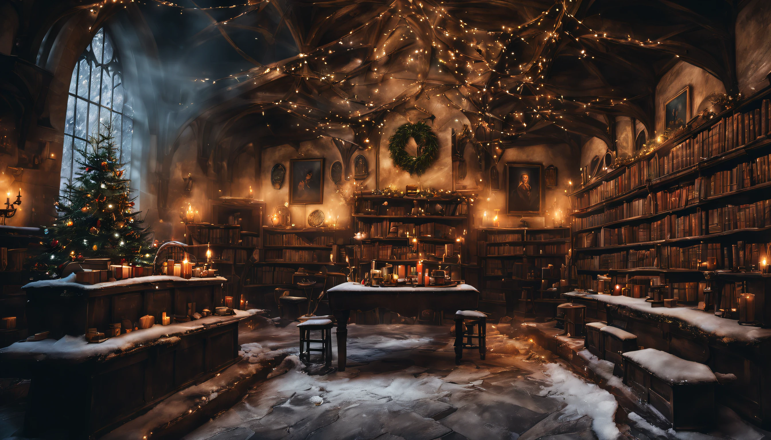 Background photo for Harry Potter movie style presentation, Hogwarts, The upper part is decorated with snow, garlands and fir branches, around the edges are various magical items from Hogwarts School, The central part is light, empty, here you need to leave space for the text, bright light, warm light, Multi-colored paints, Winter Soul Mood , Holiday Feel and Magic Items and Effects.