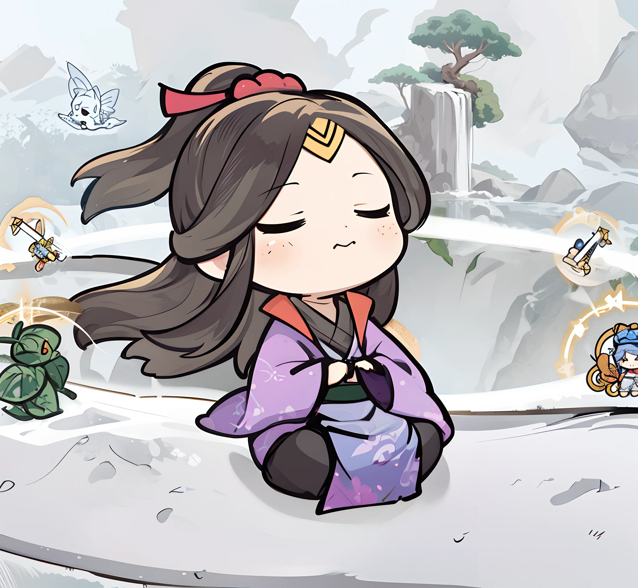 Ink wind, Q version, japanese manga ,Cartoony, Chino, Meticulous, Side Body, side looking, head looking up, review, Close your eyes, Leisurely, cute and beautiful little fairy,With his eyes closed,He had a leaf in his mouth,With his eyes closed,had his hands folded,Sit on the ground and cultivate immortals、 Taoist,Dressed in a purple fairy costume,sitting cross-legged,clothed in ancient suit,Extreme close-up