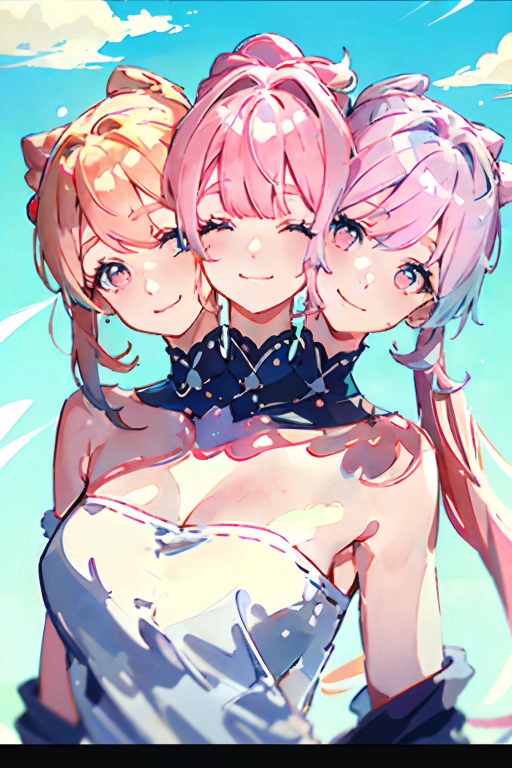 3heads, best quality, masterpiece 3 girls, kokomi, pink hair, identical hair color, same eye color, necks side by side, necks evenky spaced on shoulders, smiling, running, gym uniform, sweatpants, outdoors ((three heads, 3head):1.5)