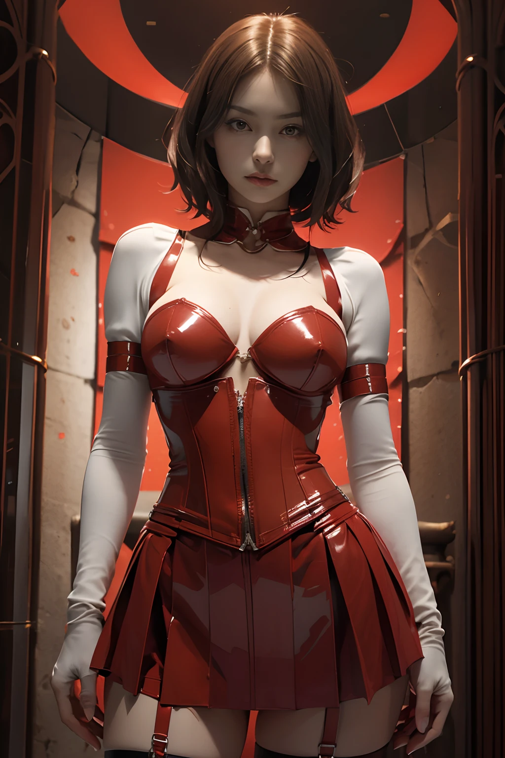 Japan maiden posing in a bright red leather corset,((small tits,well-shaped bust,slim body and constricted waist,,,,)), (((Absolute symmetry))),honey birdette, Bright Red Silk Bra&pantiy,Transparent Panty House、 Bright red sexy corset, Tight skirt made of bright red leather, long Leather boots, lace decoration ,Cybernetic style,Without cloak、nippless,short hair of dark chestnut color,,,,,Looking at the camera、Inside the cathedral