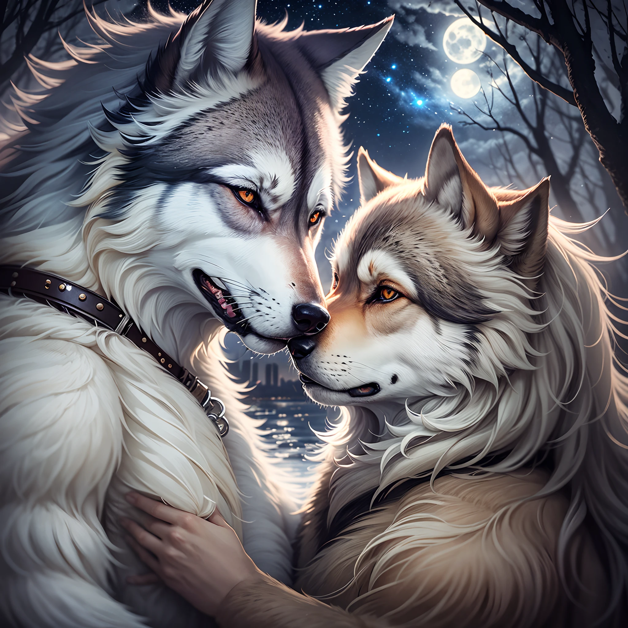 Under the moonlight, a man and a wolf embraced each other. Their eyes were full of love and trust. They were an inseparable pair, a mysterious man from the east and a wild wolf from the north. --auto --s2