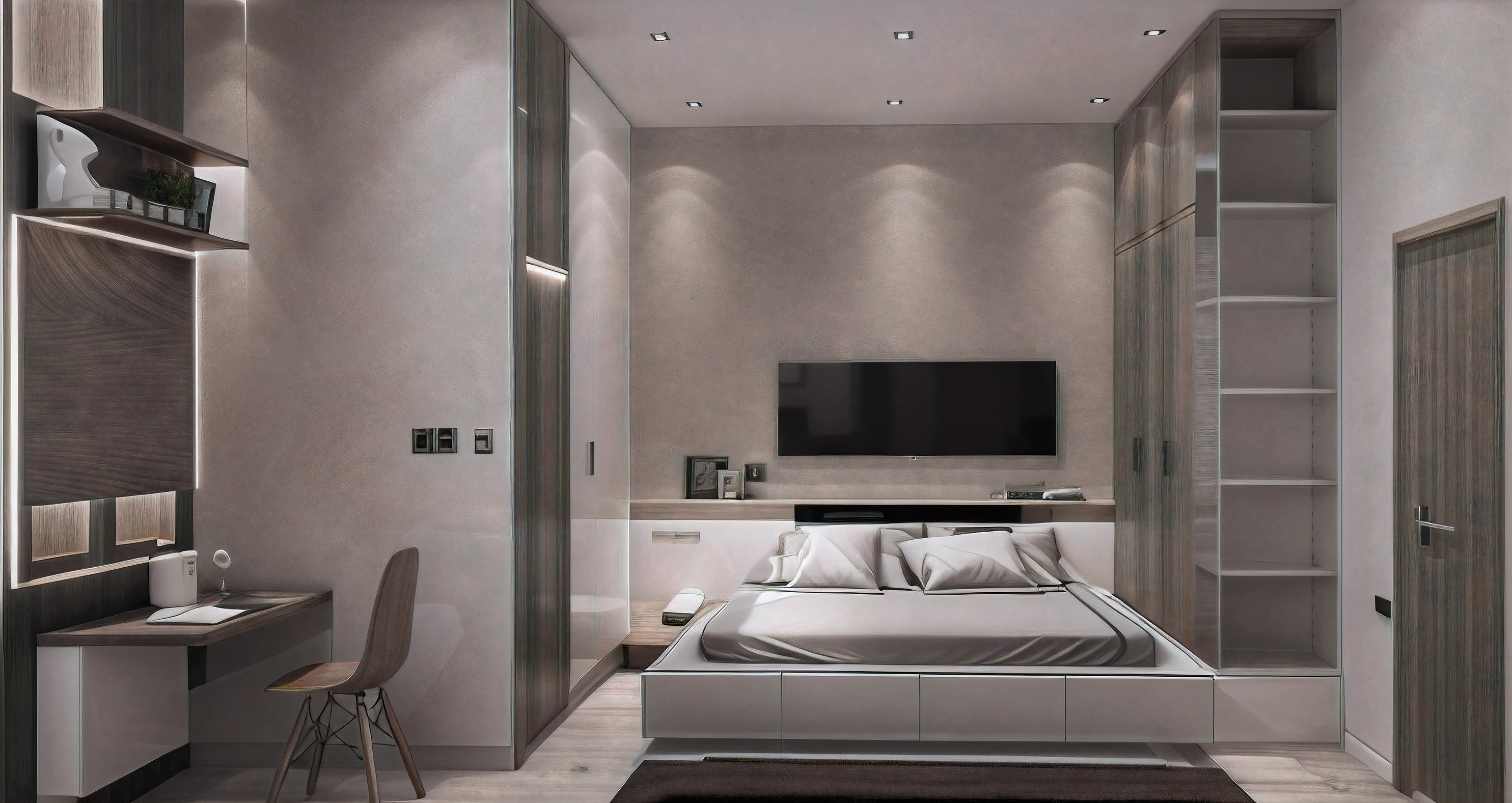 ((Best quality, 8k, Masterpiece :1.3)), Sharp focus :1.2, (photo realisstic: 1.2), (hyperdetails: 1.2), sunset, bedroom, white wall , dynamic (RAW photo, best quality, masterpiece:1.2), detailed, (hyper realistic, photo-realistic:1.2), high quality, (dark lighting:1.2), perfect lighting, archdaily, floor wood, window, 1 chair and table, cabinet, wardrobe combined with bed, white color wall, frame paint on the wall, 3d max render