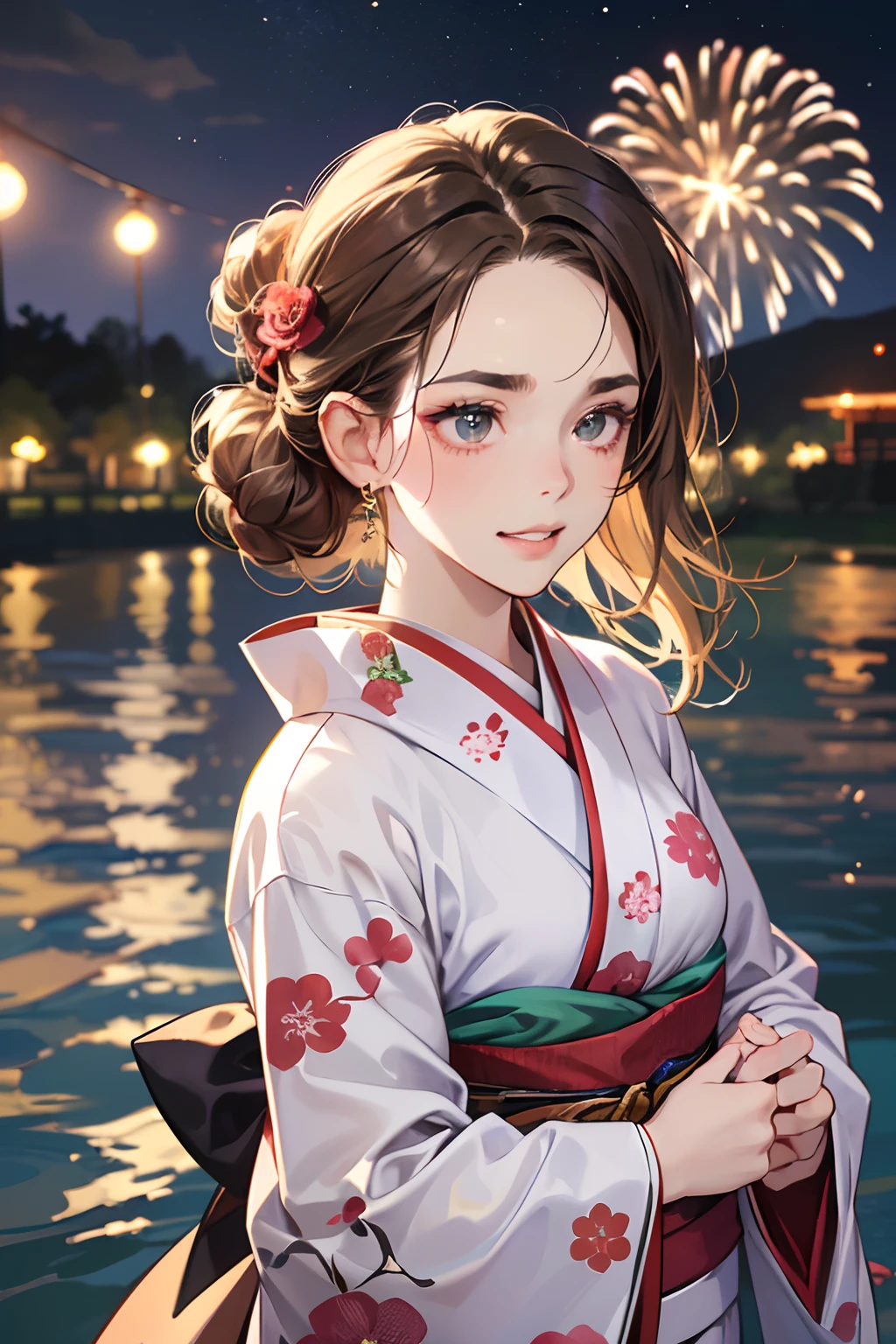(masutepiece, Digital Art, Digital Illustration, 4K, 8K, Ultra-detailed, beautiful image, Sharp Image, Photorealistic, Raw photo, Perfect face, Perfect lines, Perfect eyes, Soft lighting) 1 woman, (lightbrown hair,Chignon hair in a high position,Innocent look,Lowered eyebrows,drooping eyebrows,drooing eyes,cute large eyes,natural make up,kindly smile,Round jaws,23 y-o woman:1.3),Two handsome men in suits, (ember,Men in suits,well-muscled,Firm shoulder width,Adult male,Boyish hairstyle,English gentlemanly style,Man in his 30s with a cool expression,28-year-old man with bright smile:1.2),(Nervous,be shy,sleepy,embarrassed from:1.2),innocent smiles,(embarrassed from,Shy smile:1.1),River,On the banks of the river,Fireworks Festival,Japan Traditional Night Kimono,Kimono with red peony pattern isolated on white background、Floral hair ornament,raise arms,Walk,appearance々The night sky is lit with fireworks,Hand in hand,date
