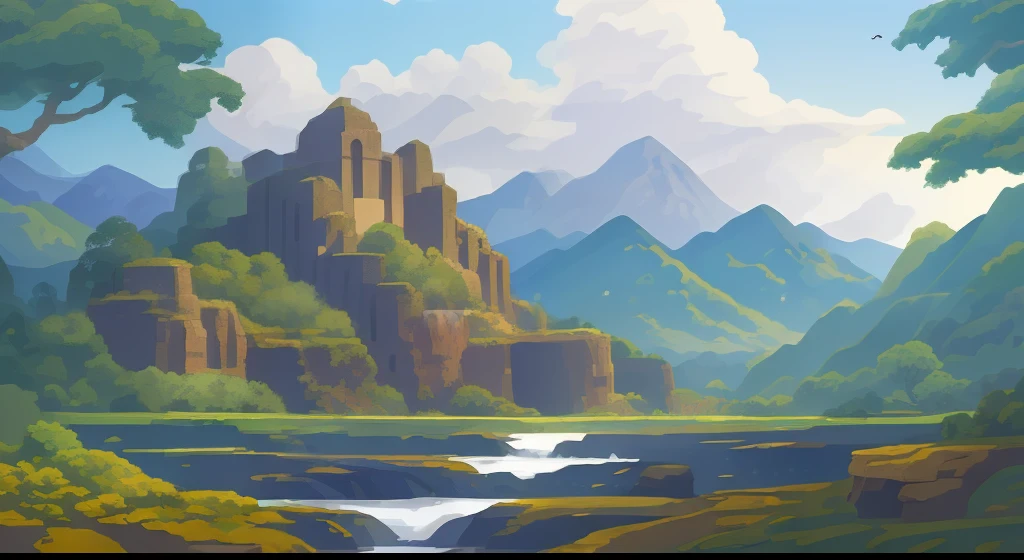 Masterpiece, wide landscape of trees gentle mountains and small waterfalls, few ancient architecture, bright