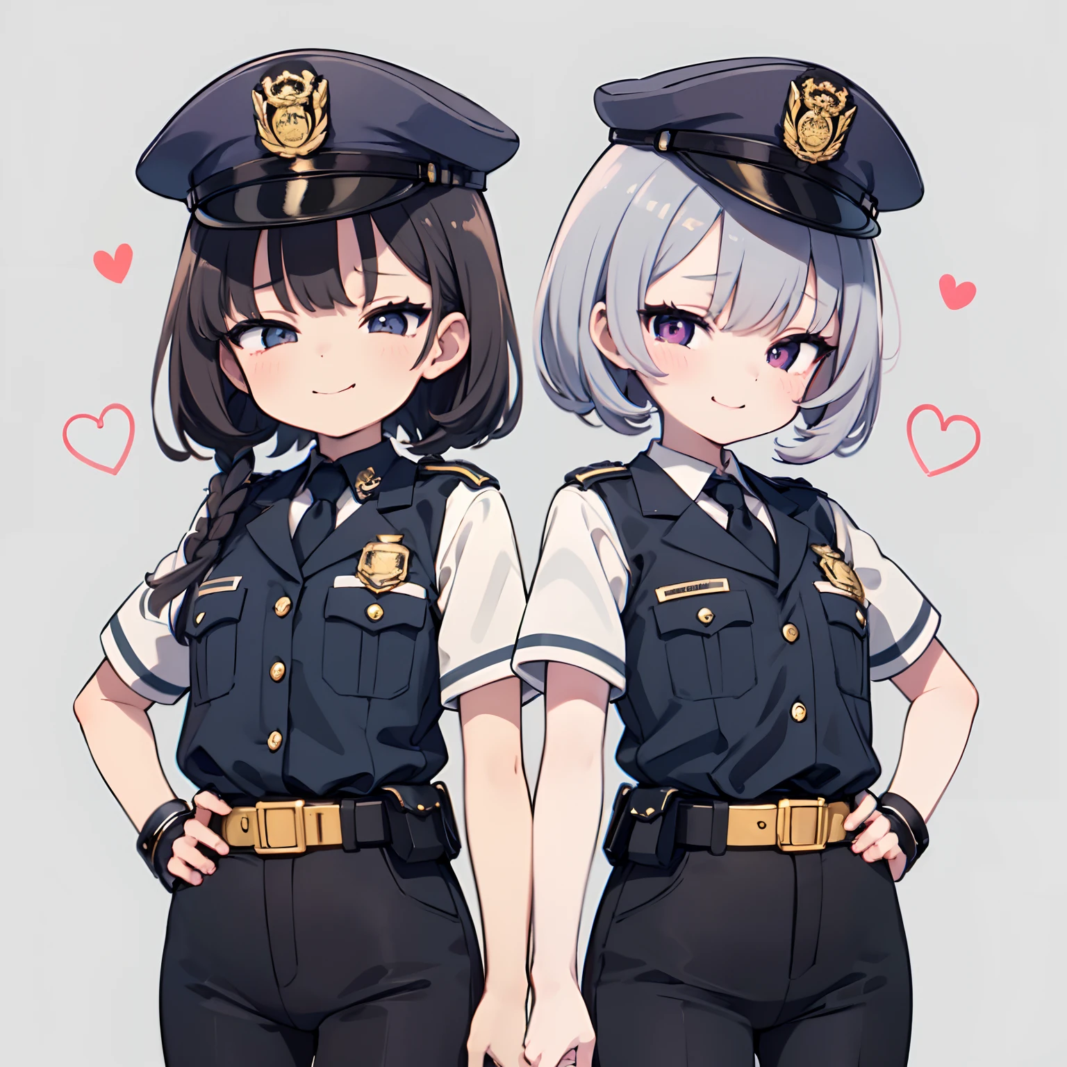 (Best Quality:1.2),(masutepiece:1.2),  multipel Girls,hightquality、hight resolution、High quality、2girls。policewoman。female cop。Lori。mesugaki,policeman's cap。(Yuri:0.7),(Cuffed:1.3),Gray background, Same uniform,Cuffed,