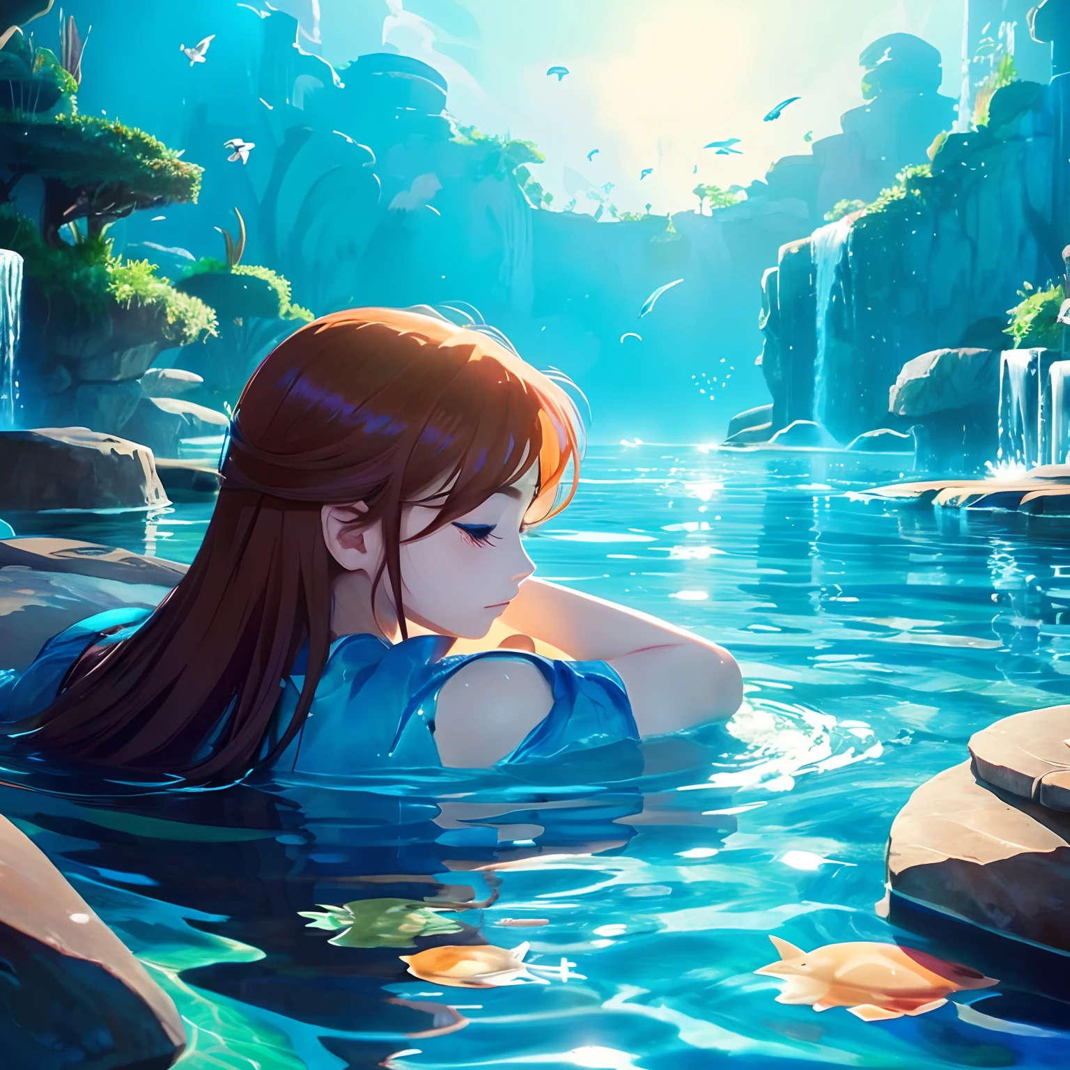 Beautiful illustrations、Anime style、SeaWorld、ember、A young man、20yr old、年轻、Fantastic、Gems Swim、flowingwater、The creature is々、Deep Bottom、I can see the darkness、deadpan、realisitic、Only one person is depressed、Mysterious world、saddened、Lost a loved one、Only one person is in the picture、Sad world、profile、Heading to Tomorrow