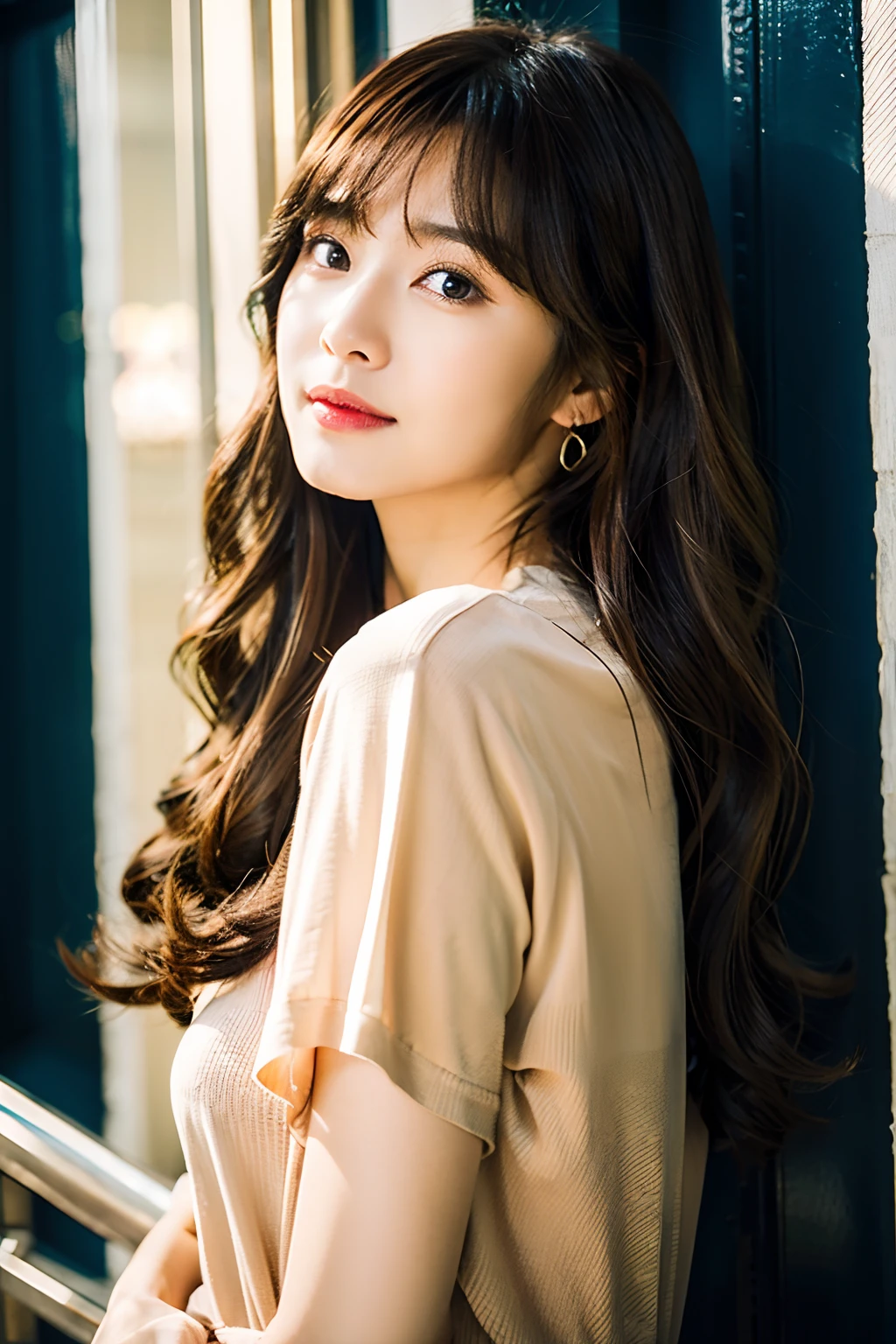 Woman in her early 30s、curtain bangs、dark brown hair、loose wavy hair、Korean Constriction Hair