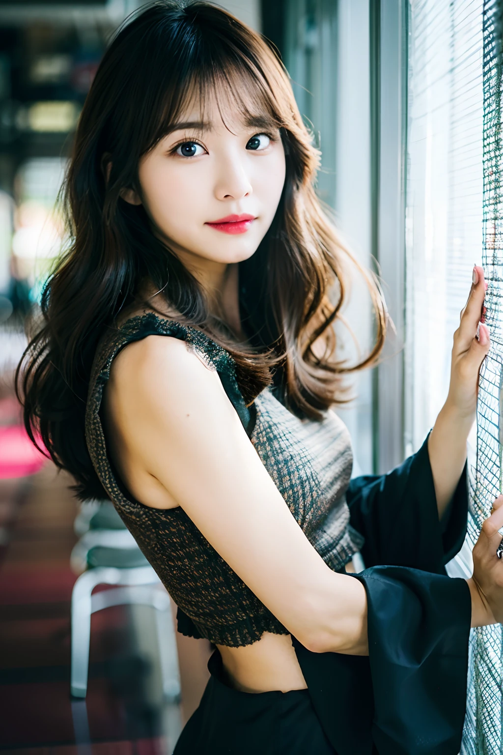 Woman in her early 30s、curtain bangs、dark brown hair、loose wavy hair、Korean Hair