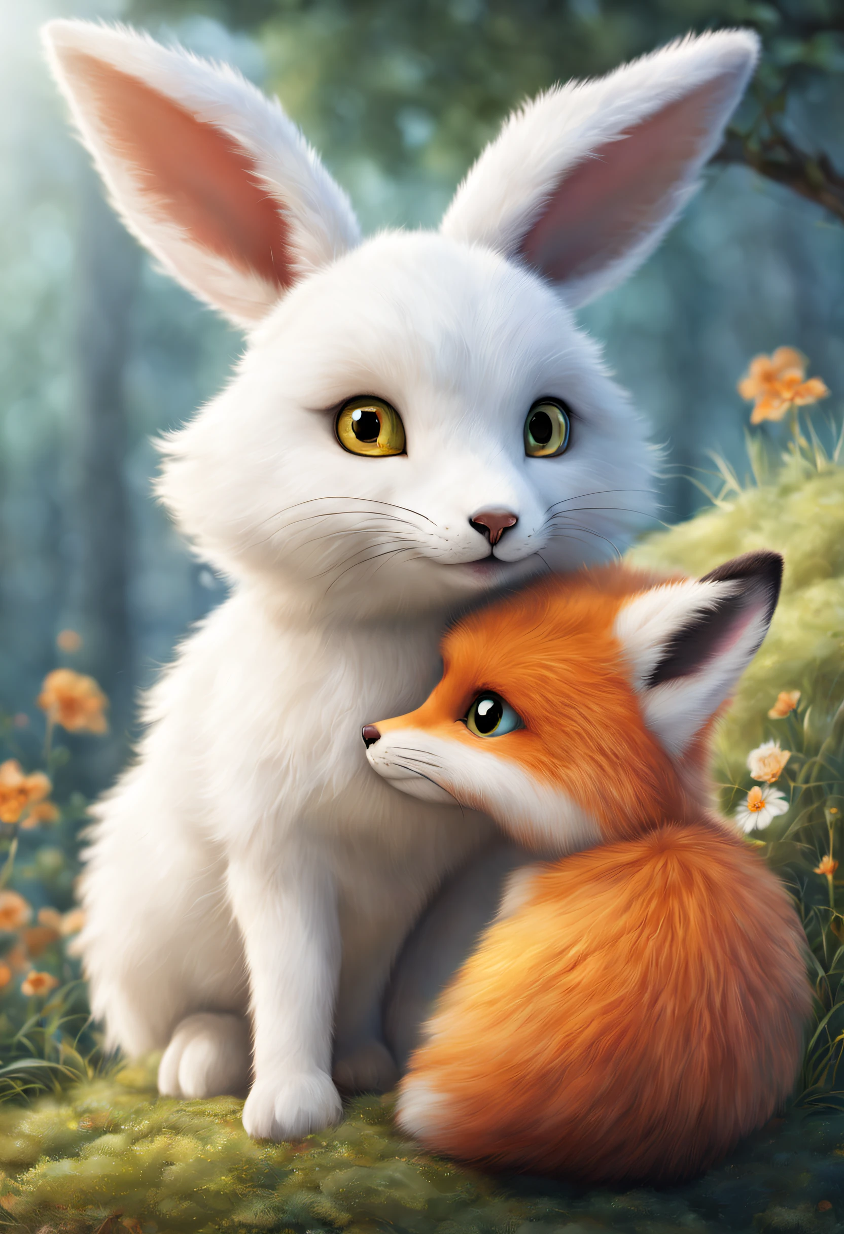 A fluffy white rabbit and a fluffy fox
