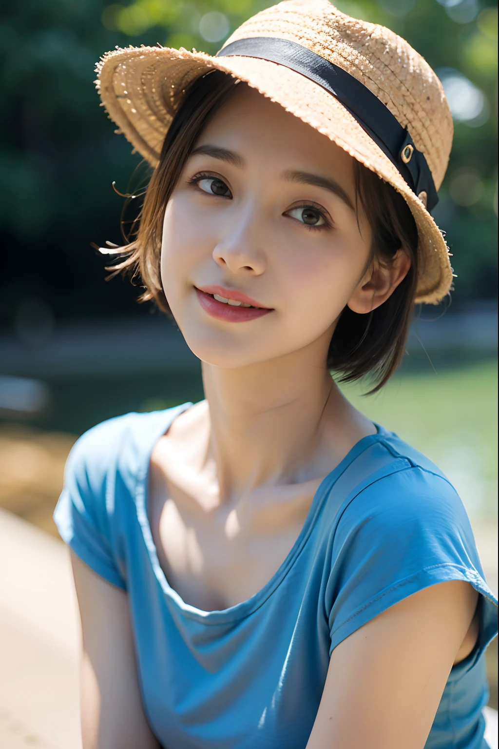 very skinny , short hair , girl ,large eyes ,Caucasian, Allison Mack , latina, blurry, , brown hair , happy , , soft skin, , expressive eyes ,, blue t-shirt, , , short short , at the river, close-up shot, , shallow depth of field, bokeh, . , hat sun