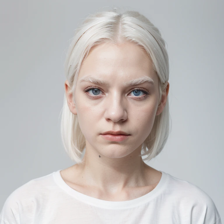 masterpiece, best quality, ((plain white background)), standing, slim albino man, white hair, white eyelashes, white eyebrows, cold face, fair skin, black t-shirt, sad facial expression, lighting effects, feminine , super clear, HD image, (front)