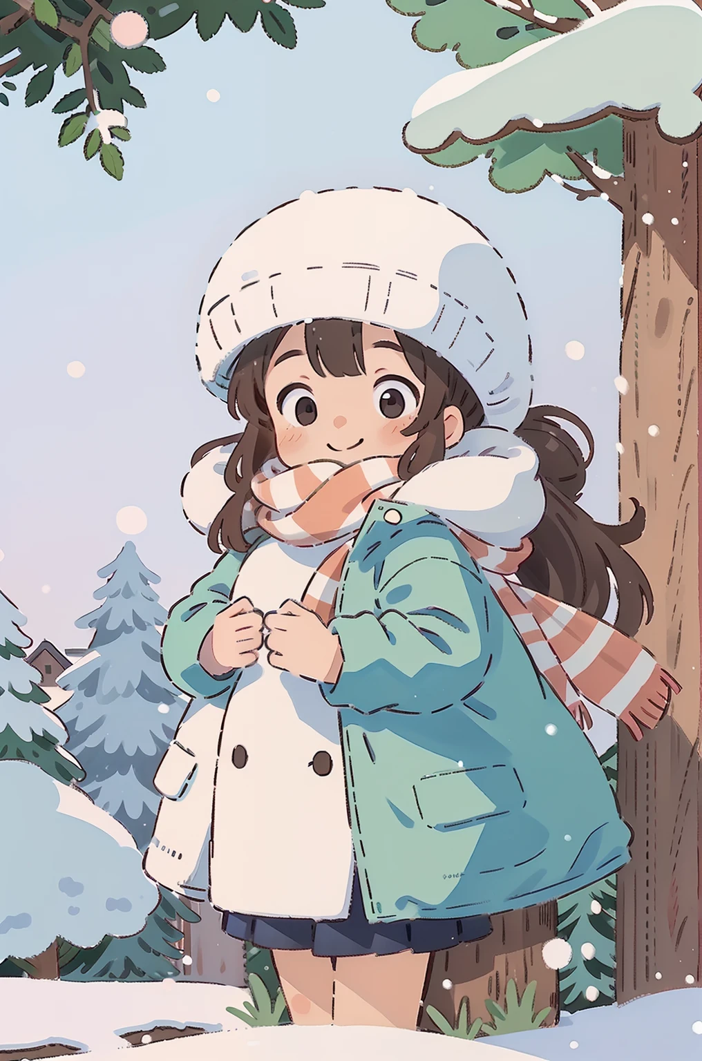 Girl, Long hair, face round, Big eyes, down jacket, Smile, Scarf, winter, park, yukito, White snow, tree, snow cover, in a panoramic view, Front