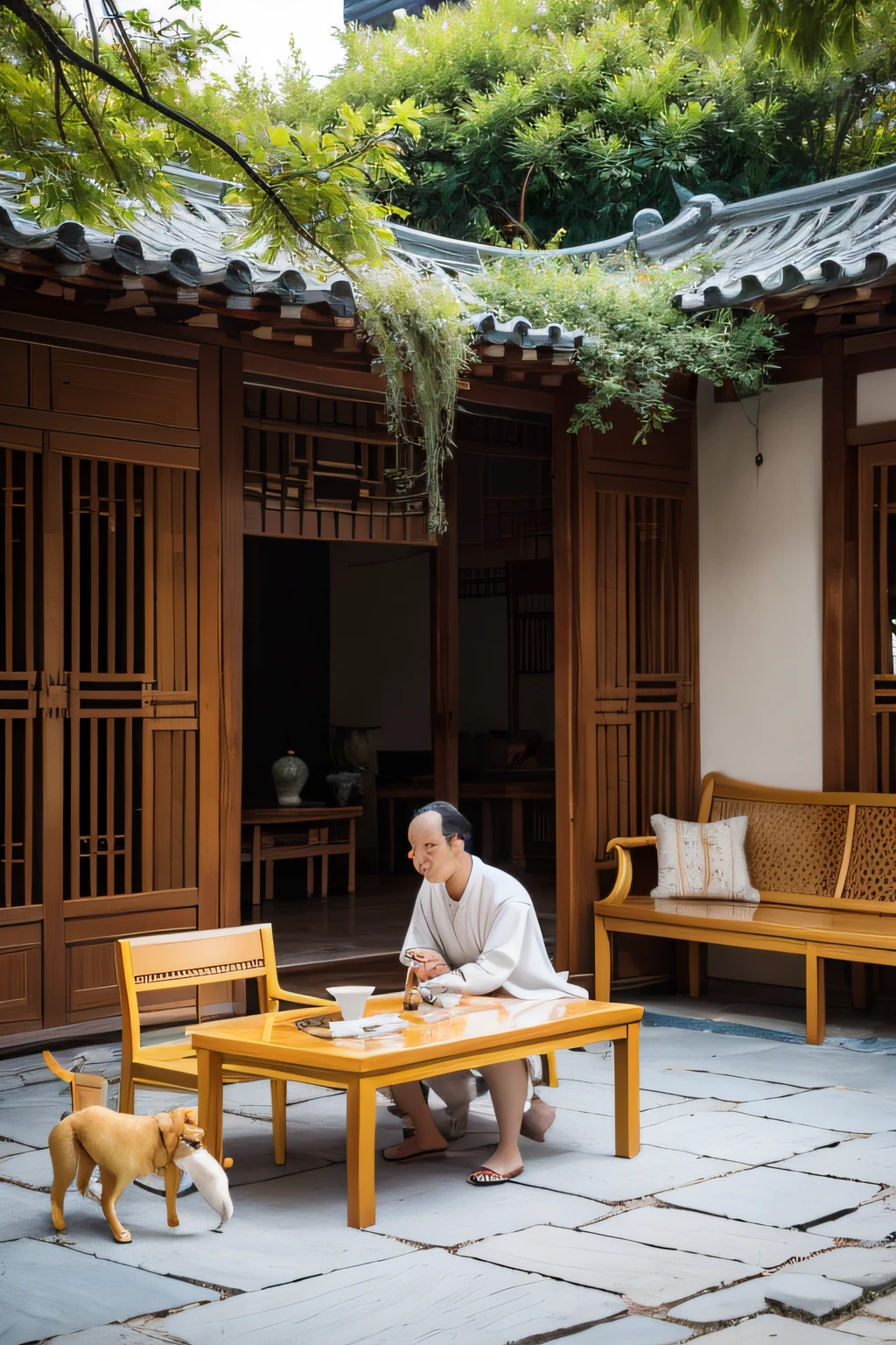 :Li Fu sits in the courtyard of his house in the typical Song Dynasty style of decoration,A wrinkled forehead and a tightly knit brow reveal inner anxiety and confusion。
There is a big locust tree in the courtyard, and there is a big yellow dog and the usual furniture