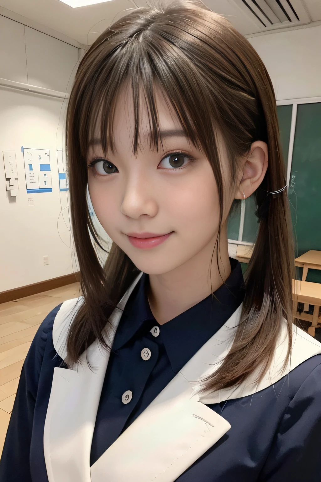 masterpiece, 1 beautiful girl, A detailed eye, Swollen eyes, top-quality, 超A high resolution, (reality: 1.4), 电影灯光, japanes, Trendy Korean Cosmetics、a asian beauty, very extremely beautiful, Beautiful skins, A slender, Forward-facing body, (A hyper-realistic), (hight resolution), (8K), (ighly detailed), ( Best Illustration), (beautifully detailed eyes), (ultra-detailliert), (wall-paper), 详细的脸, Bright lighting, Professional Lighting, looking at the viewers, Facing straight ahead、low twintail、Neat and clean clothing、background slightly blurred、Hair color is black、Hair color is partially bright blue、Japanese high school girl、School Uniforms、Amazing smile、Eye color is brown、medium breasts