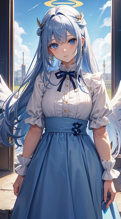 cover magazine, anime, woman, Solo, Long hair, angel, with sliver long curly hair, blue eyes, two blue ribbons on her hair, (Double golden halo on her head), angel wings, model, Beautiful, fantasy, Ice. Casual clothes. Hair accessories. Unusual hairstyles. Earrings.