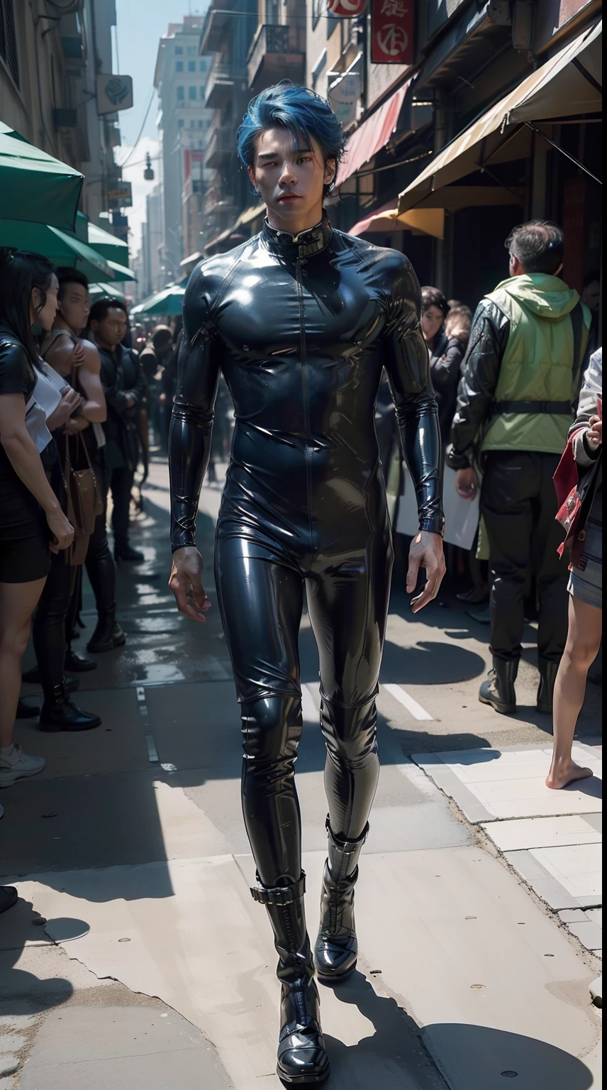 American man, （mtu）((latex  bodysuit, )) ，（(full body photo shot,)) The upper part of the body, (chest muscle，Handsome,), (((超详细信息, Ultra photo realsisim))),((Long boots))，blue hairs