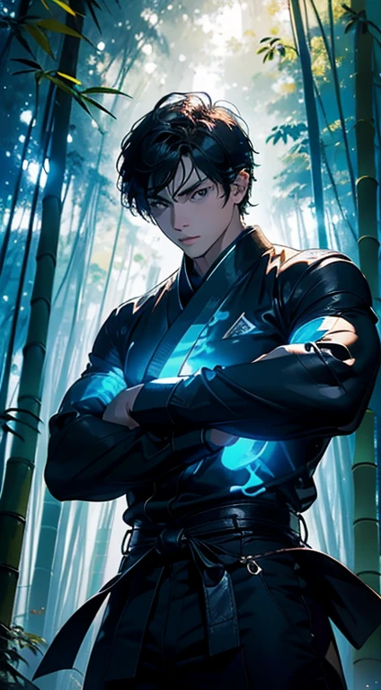 (Masterpiece), Best quality, A teenager stands in a bamboo forest，Fight, ((beats)), hold fists, ((The bamboo forest is huge)), Perfect face, Expressive eyes, Martial arts uniform, with short black hair, Wind, Dust, cheerfulness, Colorful, Exciting, Gorgeous, Rotate the body, , martial art, The sense of impact is prominent, warm color, Perfect light, In a large bamboo forest, the boy posed with the moves of Bajiquan, He was putting on a posture and practicing martial arts routines, He was dressed in a black martial arts costume, he has black hair, Black eyes, in a panoramic view, The camera zooms out and the character is in the center, Shine, Break with vibrant colors, Bright,Shiny, Cool colors, Natural sun light, Artistic, Creative, Digital art, the wallpaper, (Glowing eyes), magical, impossible, Good vibes, Good mood, Adventure, (Solo, Alone,1boys)