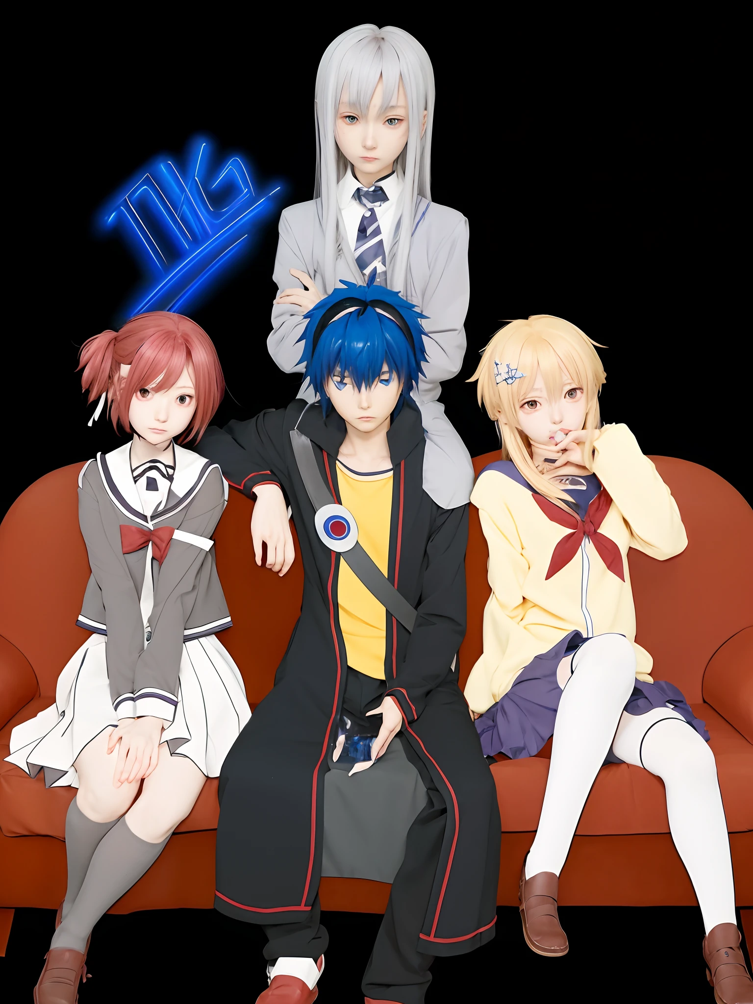anime characters sitting on a couch with a blue light above them, 2 d anime, 2 d anime style, 2 d art, 2d art, anime style”, 2d art cover, happy!!!, official fanart, anime style like fate/stay night, anime!!!!!!!!!!!!!!!, tsuaii, anime!!!!, persona art style, :14 80s anime style