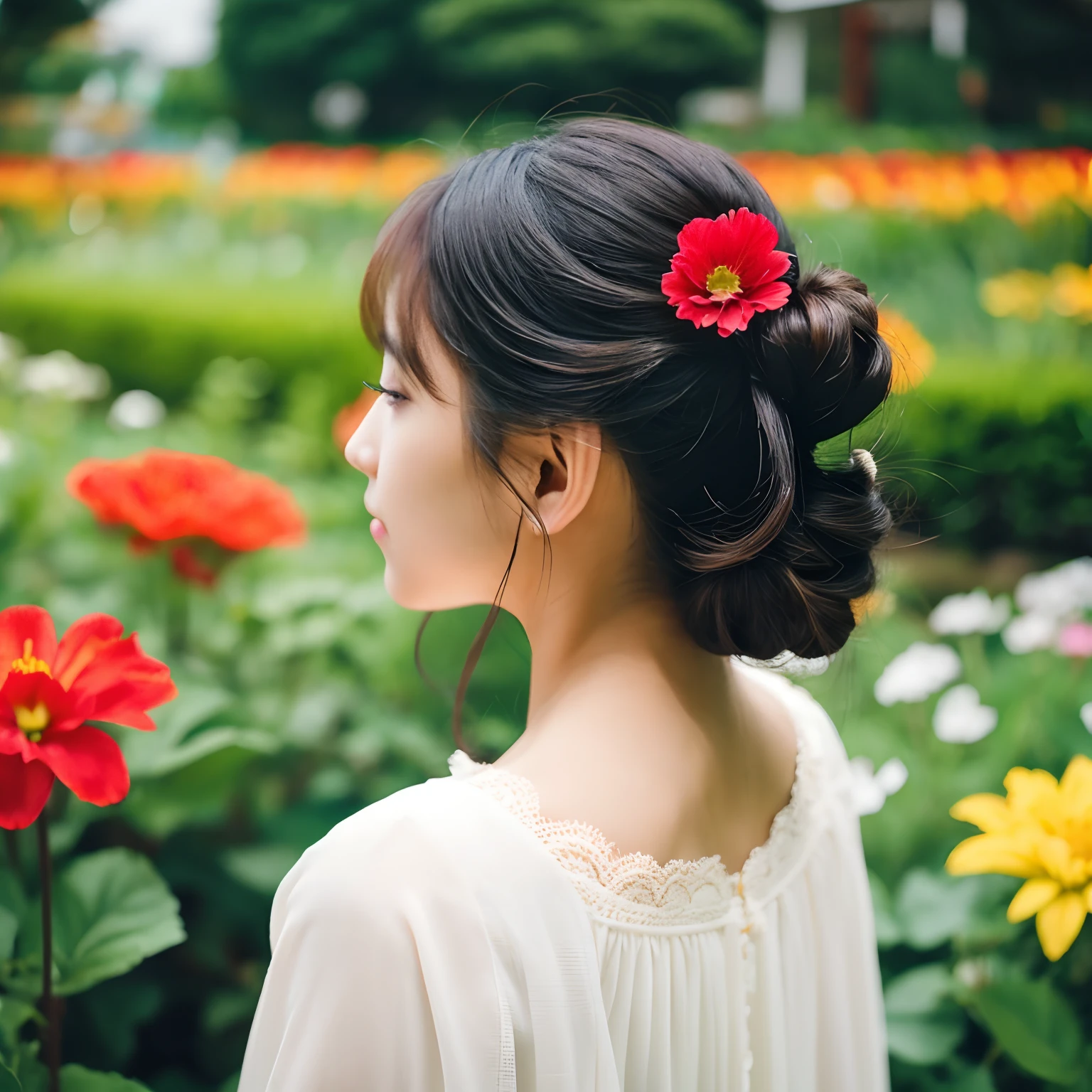 infp young woman、Rear view、Rich、Flower garden、Beautiful