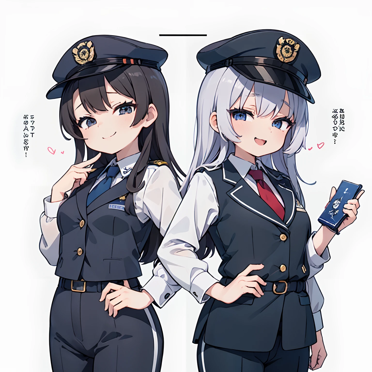 (Best Quality:1.2),(masutepiece:1.2),  multipel Girls,hightquality、hight resolution、High quality、2girls。policewoman。female cop。Lori。mesugaki,policeman's cap。(Yuri:0.7),(handcuffs:1.3),Gray background, Same uniform,