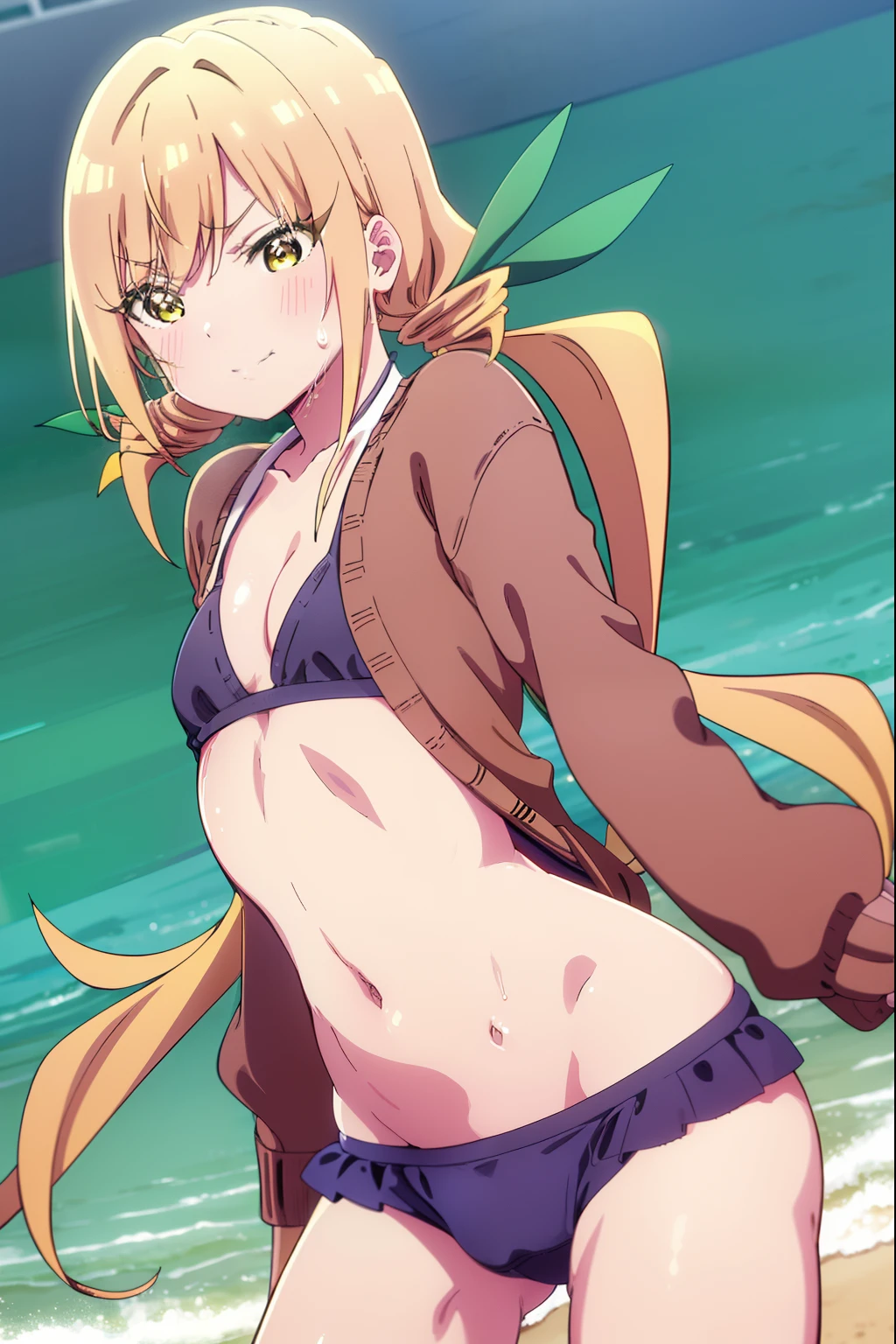 blonde hair, (yellow eyes:1.5), hair ribbon, twintails, low twintails, long hair, (green ribbon:1.2),  wet, sweat on her body, 1girl, solo, mature, blushing, cool, half mouth open, edgy, Small breasts, cleavage, midriff, crotch, cameltoe, sexy, attractive, sexual, sensual, at Cloudy Beach, Beach Outdoor background, sexy Underwear, dynamic pose, cowgirl position, cute smile,