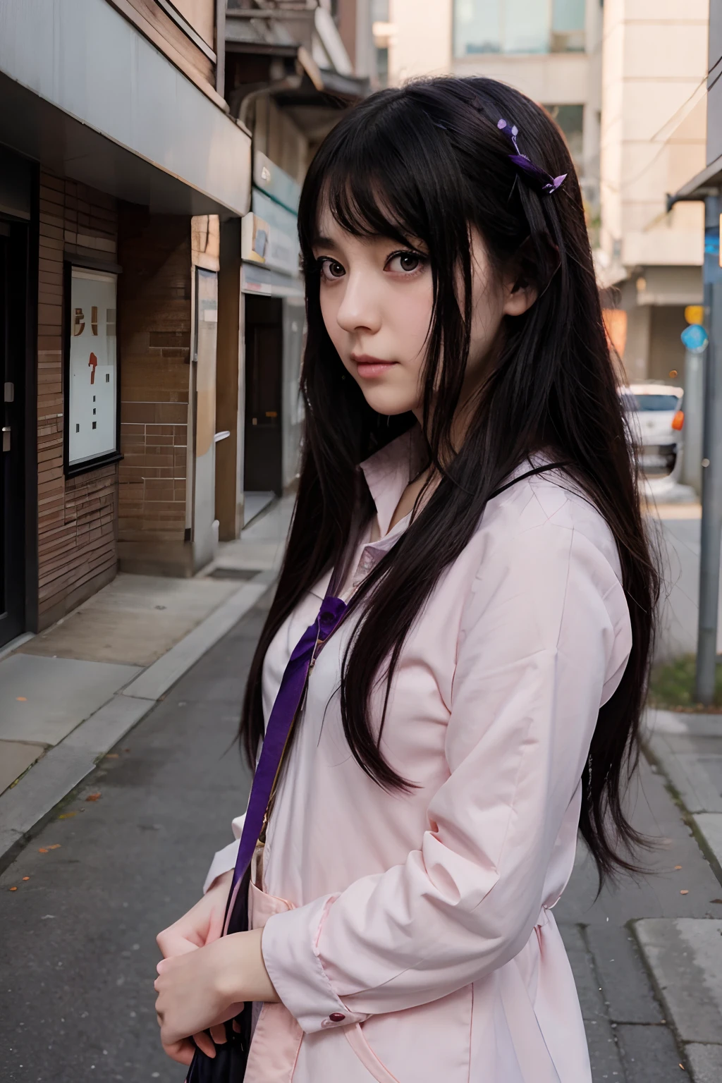 Create a stunning fashion portrait of an anime girl with long black hair and captivating purple eyes. Give her a cute and moe artstyle, with smooth CG art and a hint of gapmoe yandere. Draw inspiration from Hinata Hyuga, focusing on her beautiful face. Infuse the artwork with a mix of realistic anime and high school girl aesthetics. Zoom in for a close-up shot, capturing the essence of Iwakura Lain. --ar 16:9 --v 5.2