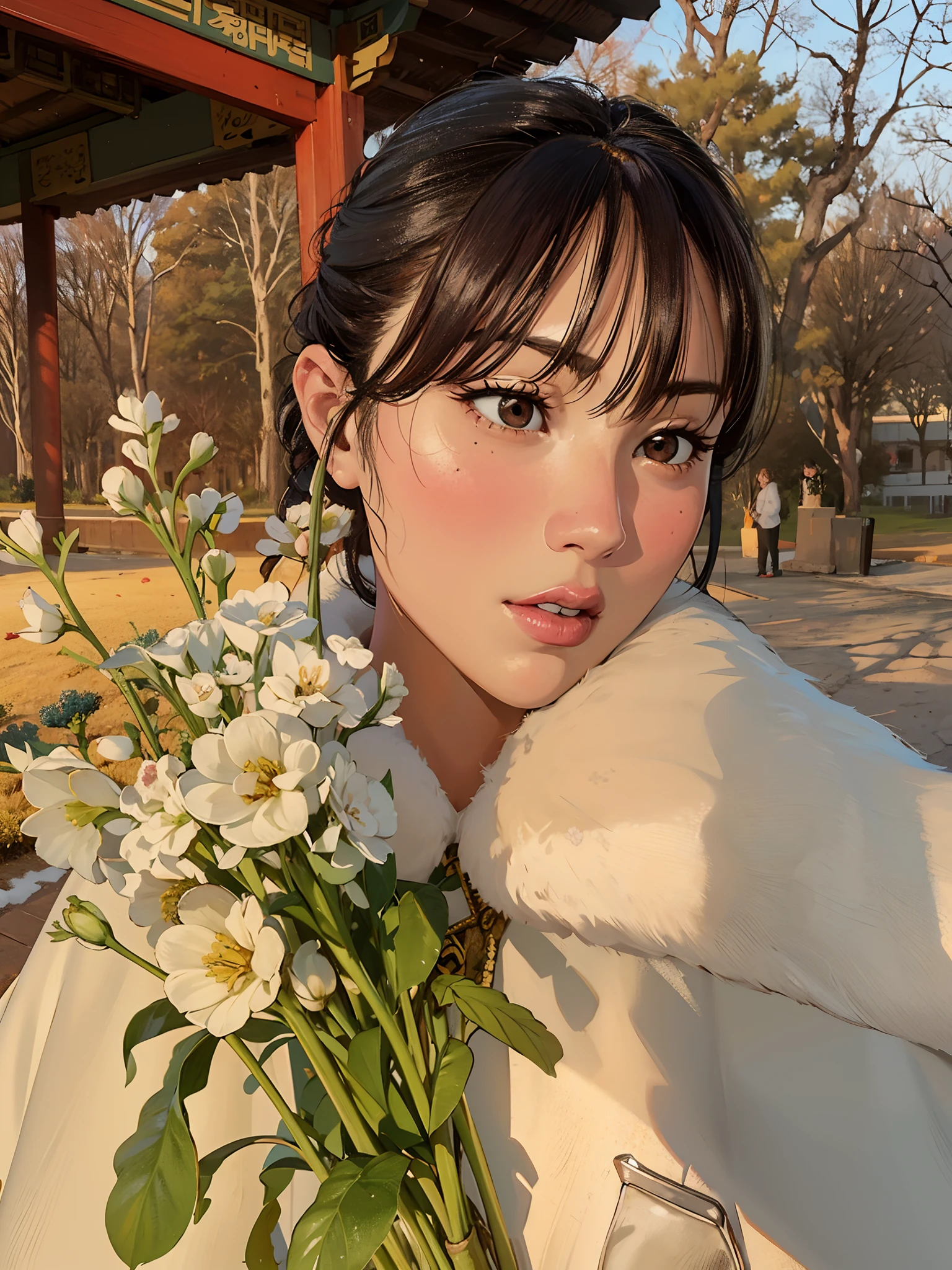 There was a woman holding a bouquet of flowers in the park, ulzzangs, Shin Jinying, Kim Do-young, sakimichan, With flowers, with frozen flowers around her, Choi Hyun-hwa, inspired by Ma Yuanyu, jaeyeon nam, lee ji eun, Lee Ji-eun, seseon yoon, 🍁 Cute