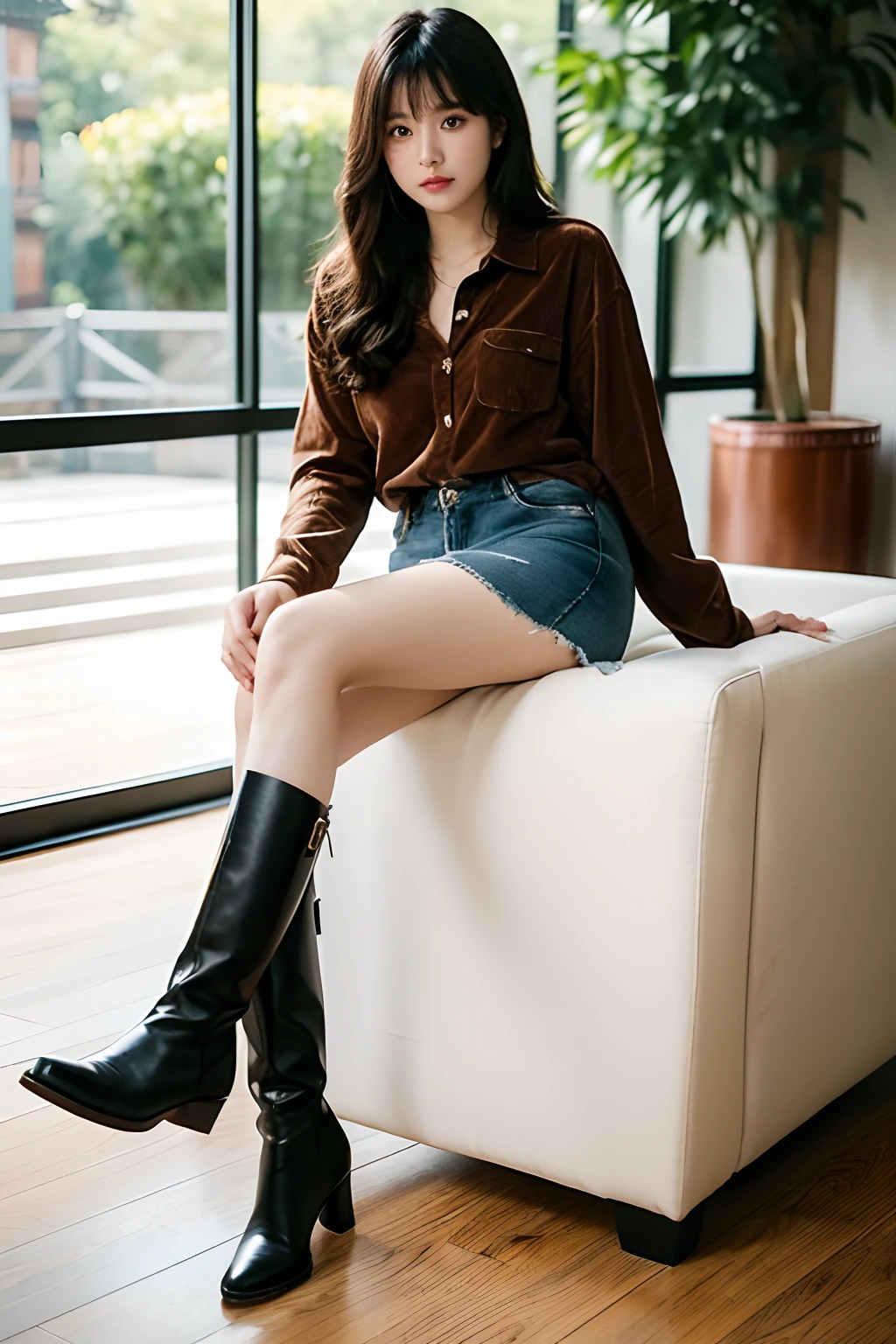 An Asian woman,24 years of age,Wear a brown corduroy shirt,curlies,long whitr hair,Qi bangs,short denim skirt,Western cowboy boots,Photographic quality,ultra-clear,Full body sitting,White chair