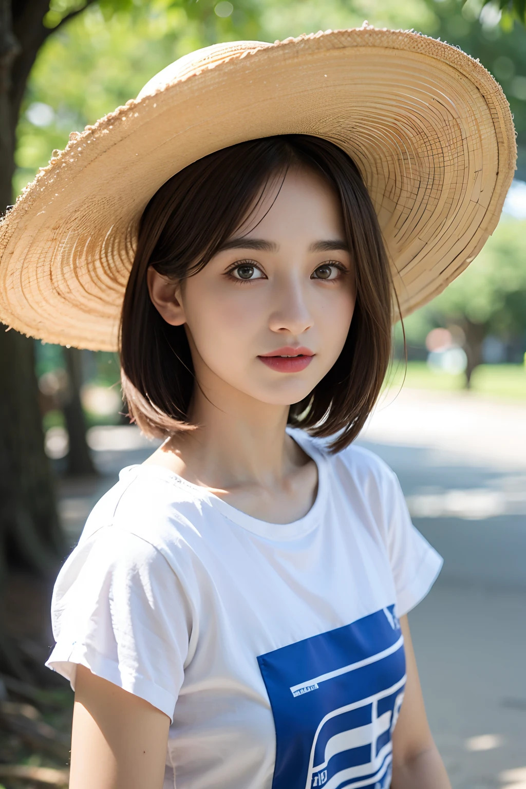 muy flaco , pelo corto , girlish   ,ojos grandes ,Caucasian, Allison Mack , latina,   Borrosa, , brown hair , feliz , , piel suave, , ojos expresivos ,,  camiseta azul, ,  , corto corto , on the river, Primer plano,  , poca profundidad de campo, Bokeh, . , sombrero sol