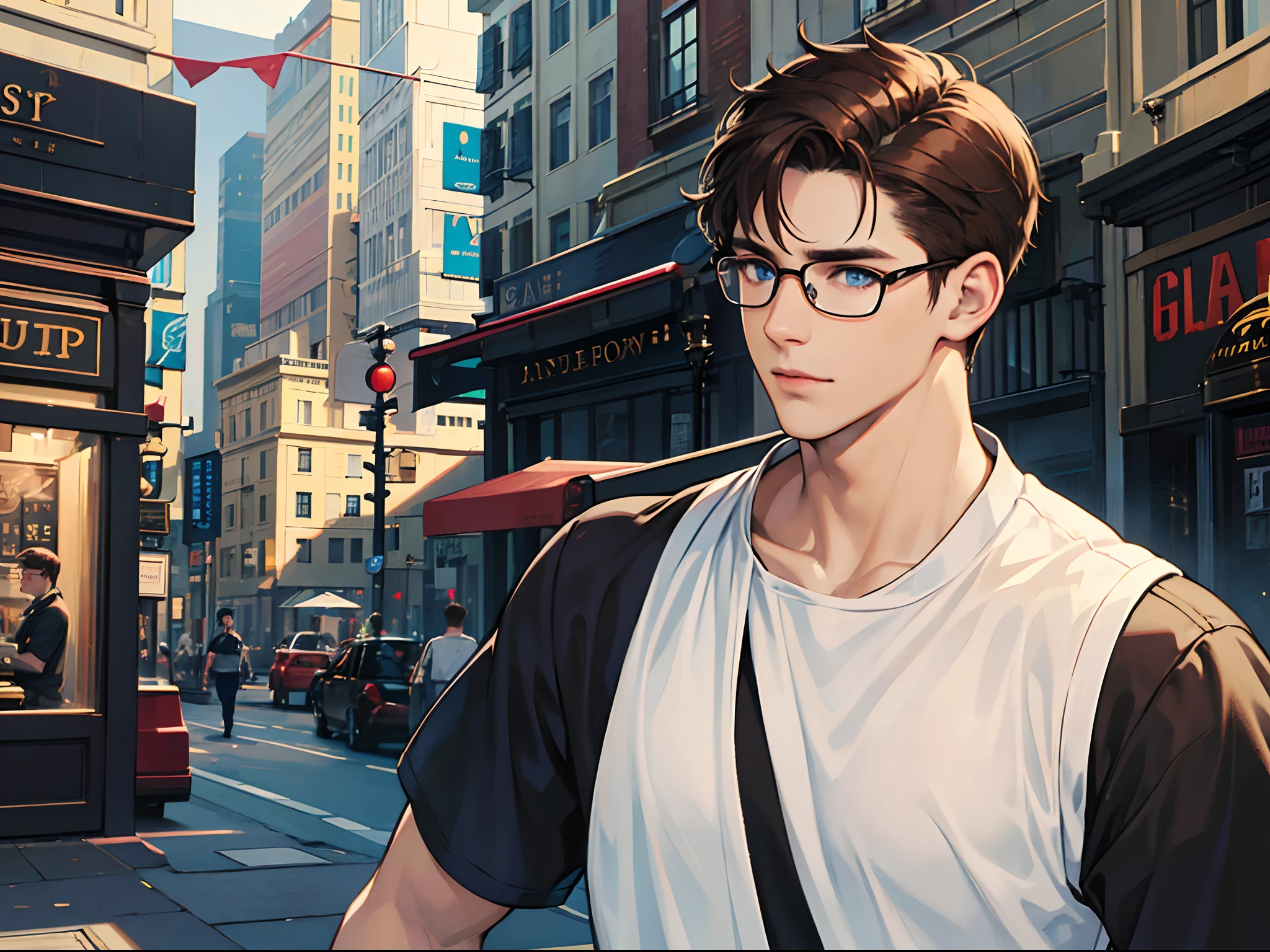 A man in a black shirt, 27years old, With blue eyes, Round glasses, Brown hair, Short hair, cheerfulness, Upper body, In the city, In comic style.