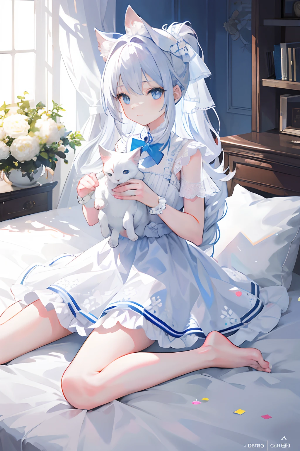 Full body photo,On a very large white bed, white pillows, White light, There is one girl, Sit on the bed, Holding a kitten,Wearing a white princess dress, nudegirl , A blue bow is tied around the waist, There is a blue band on the wrist, blue color eyes, long white hair, Delicate facial features, Beautiful and moving, (Vivid depiction), Single braid, color difference, reflective light, hyper HD, Masterpiece, Super detail, High details, Best quality