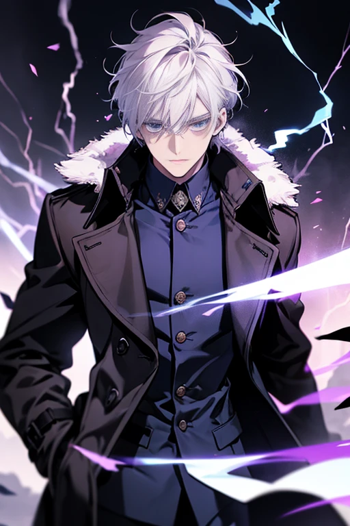 1 20-year-old boy, male people,Aura, bilibili, Nero_Background, Blue_Eyes, Blue_Fire, Blurry, cigarettes, wind coat, krystal, Electricity, energy, blazing, _Bland_Eyes, Holding, Holding_cigarettes, Lightning, Long_Sleeves, up looking_disturb_peeping at the viewer, magic, Man's_Focus, purple_Trench coat It has a simple one_Background, Solo, The upper part of the body_, White_