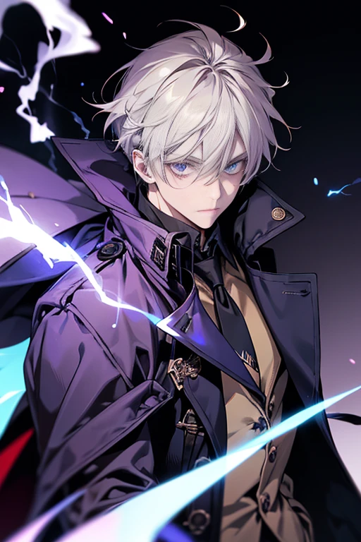 1 20-year-old boy, male people,Aura, bilibili, Nero_Background, Blue_Eyes, Blue_Fire, Blurry, cigarettes, wind coat, krystal, Electricity, energy, blazing, _Bland_Eyes, Holding, Holding_cigarettes, Lightning, Long_Sleeves, up looking_disturb_peeping at the viewer, magic, Man's_Focus, purple_Trench coat It has a simple one_Background, Solo, The upper part of the body_, White_