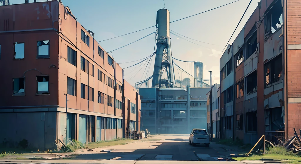anime scener、云、during daytime、blue open sky、(abandoned factory:1.5)、factories、buliding、chimney、(One guy)、A dark-haired、(Orange Denim Jacket：1.4)、(Blue jeans：1.4)、Facing this way、foot out of frame