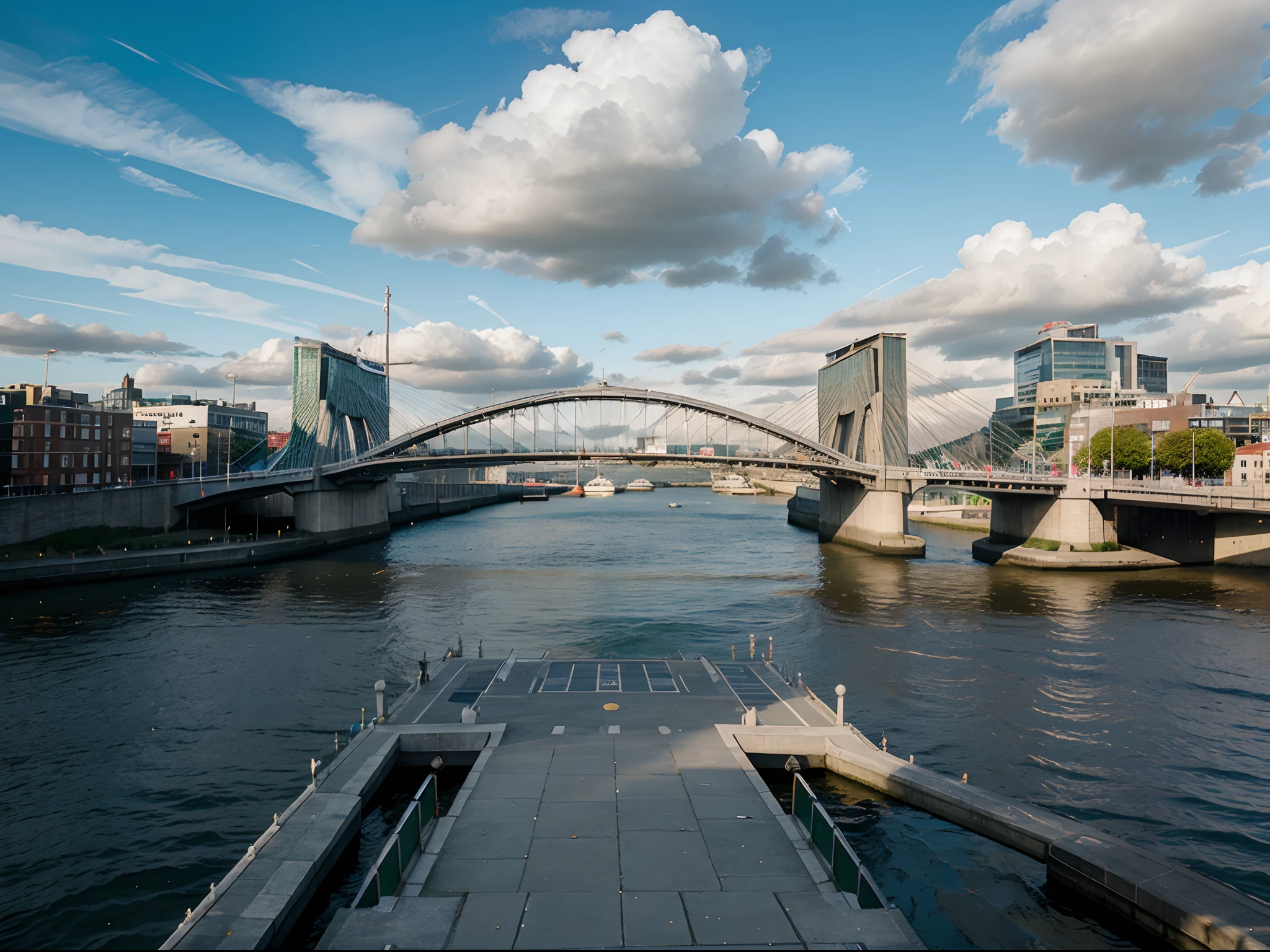 Dublin, Ireland: The Samuel Beckett Bridge and a mix of historic and contemporary buildings alongside the River Liffey.