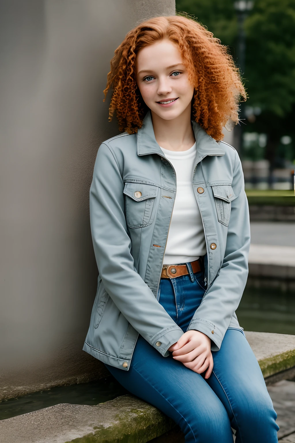 1girl in, age13, teenager, Solo, Aesthetic artwork, irish redhead, curly ginger hair, shoulder length ginger hair, light grey eyes, some small freckles, pale skin, small breasts, runners body, (thin hips, thin waist: 1.1), detailed skin, smile, shy smile, sitting on stone bench, by city fountain, downtown, park, (extremely detailed 8k wallpaper), soft lighting, high quality, film grain, Fujifilm XT3 sharp focus, f 5.6, 50mm, High Detail, Sharp focus,(natural light), light blue jacket, khaki jacket, faded blue jeans, holes and blue jeans, crazy details, complex details, hyper detailed