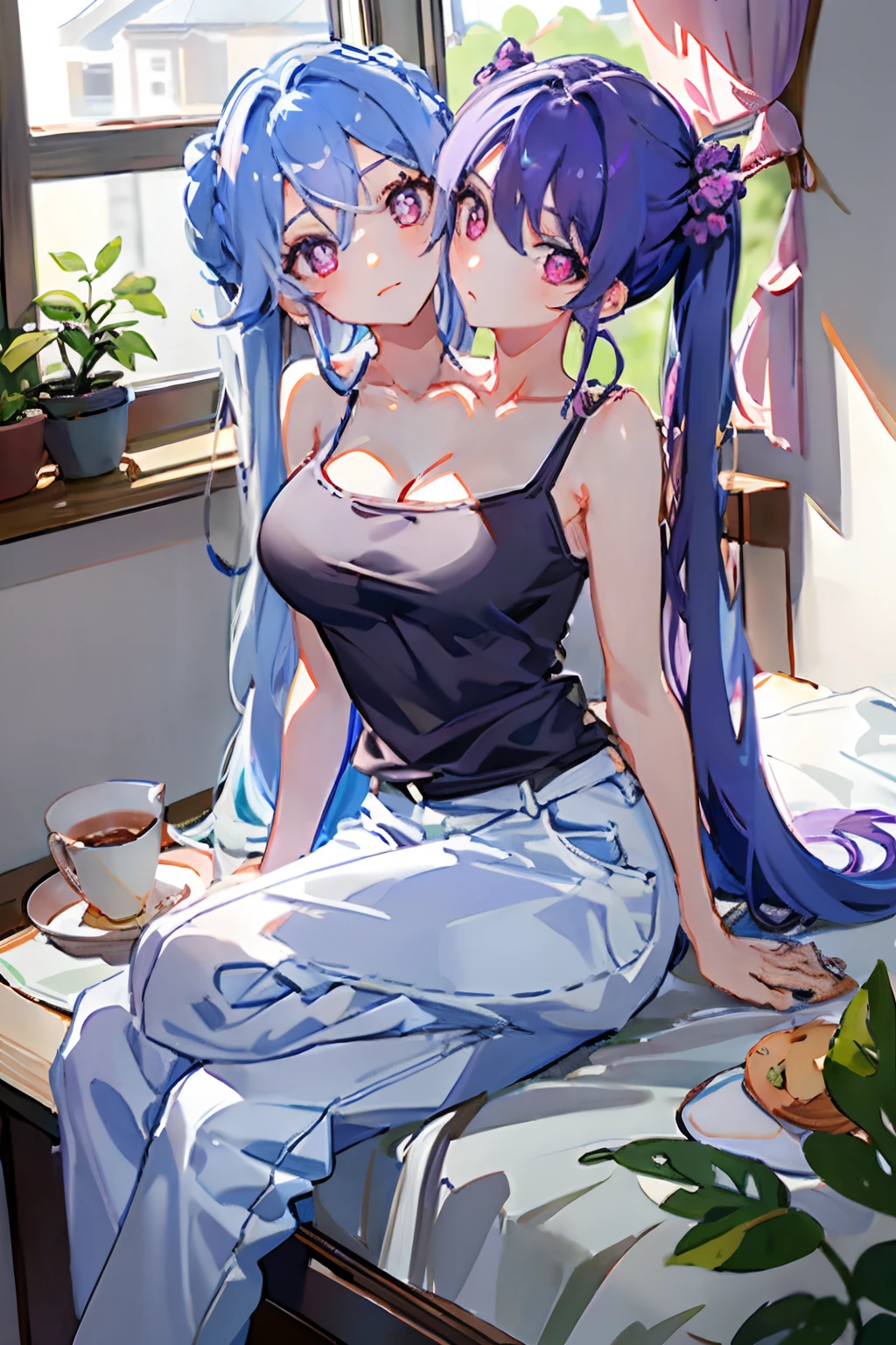 (masterpiece, best quality), best resolution, (2heads:1.5), 1girl, kokomi character, bored, long white hair, one head blue hair, other head purple hair, purple eyes, eyes halfway closed, black tank top, white polka dot long pants, sitting beside a bedroom window, raining outside, rainy day, dark clouds