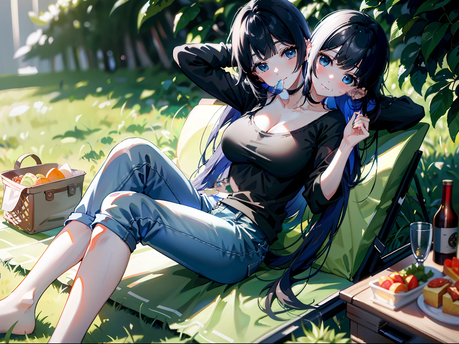 (masterpiece, best quality), best resolution, (2heads:1.5), 1girl, PA-san character, black hair, blue underdye, blue eyes, bite of sandwich in mouth, relaxed, black shirt, dark gray pants, sitting on a picnic cloth, bitten sandwich in hand, hilltop, picnic