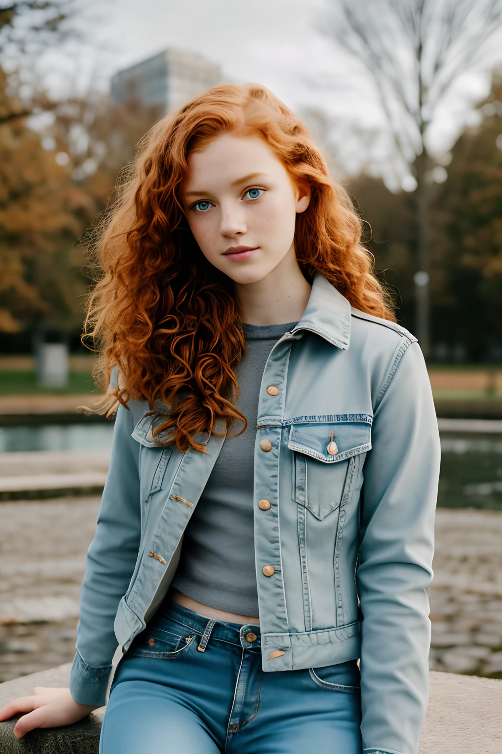 1girl in, age13, teenager, Solo, Aesthetic artwork, irish redhead, curly ginger hair, shoulder length ginger hair, light grey eyes, some small freckles, pale skin, small breasts, runners body, (thin hips, thin waist: 1.1), detailed skin, shy smile, sitting on stone bench, by city fountain, downtown, park, (extremely detailed 8k wallpaper), soft lighting, high quality, film grain, Fujifilm XT3 sharp focus, f 5.6, 50mm, High Detail, Sharp focus,(natural light), light blue jacket, khaki jacket, faded blue jeans, holes and blue jeans, crazy details, complex details, hyper detailed