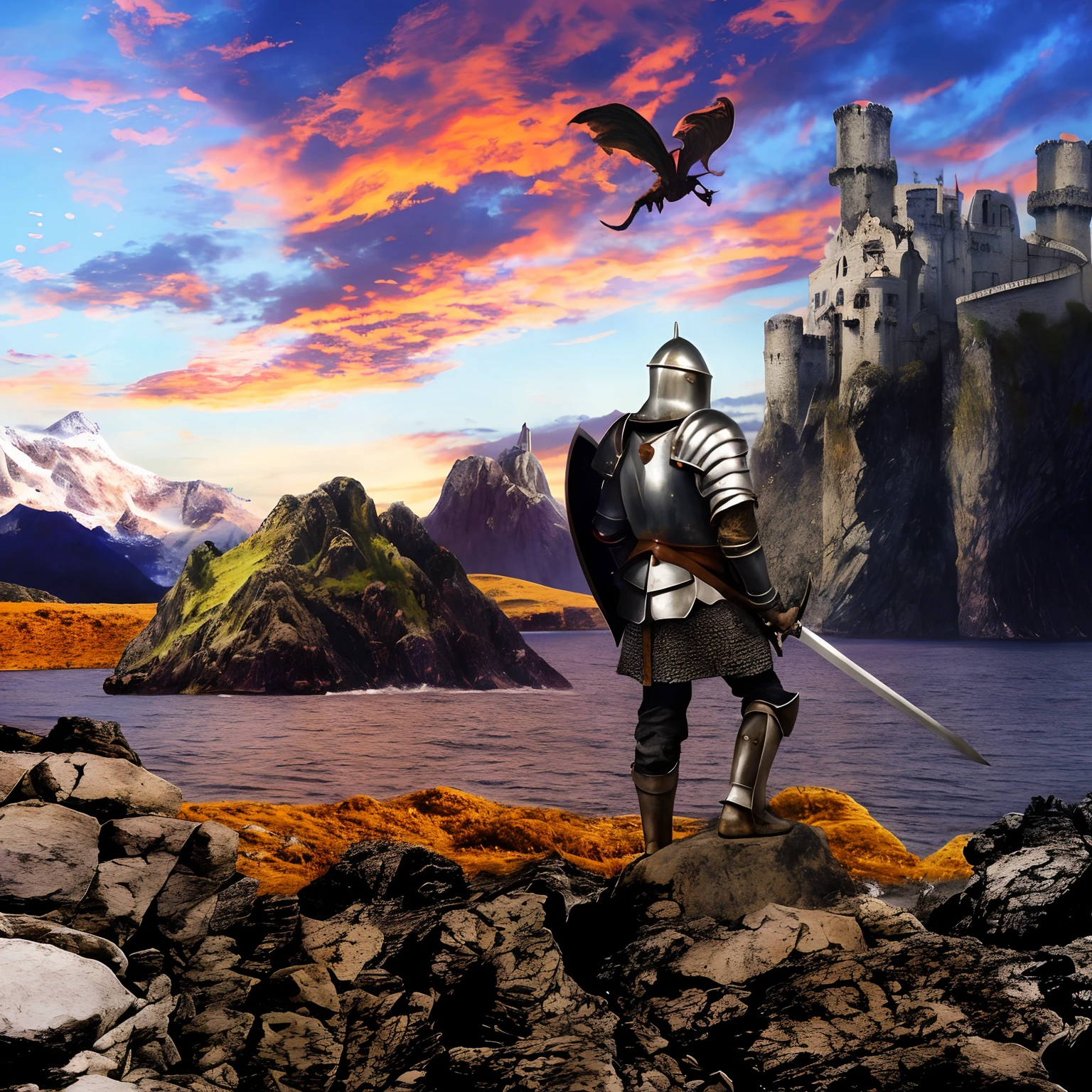 there is a man in armor standing on a rock with a sword, medieval fantasy landscape, medieval castle background, fantasy medieval, medieval castle on background, medieval fantasy illustration, high quality fantasy stock photo, fantasy knight, medieval fantasy, rugged male medieval knight, 3 d render and matte painting, high medieval fantasy, magical battlefield backround, medieval-fantasy, fighting fantasy style image