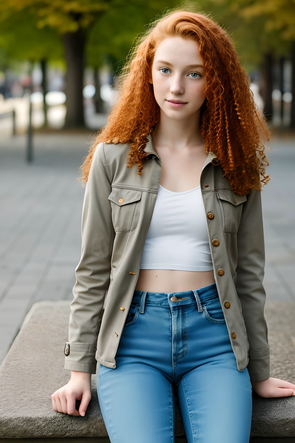 1girl in, age13, teenager, Solo, Aesthetic artwork, irish redhead, curly ginger hair, shoulder length ginger hair, light grey eyes, some small freckles, pale skin, small breasts, runners body, (thin hips, thin waist: 1.1), detailed skin, smile, shy smile, sitting on stone bench, by city fountain, downtown, park, (extremely detailed 8k wallpaper), soft lighting, high quality, film grain, Fujifilm XT3 sharp focus, f 5.6, 50mm, High Detail, Sharp focus,(natural light), light blue jacket, khaki jacket, faded blue jeans, holes and blue jeans, crazy details, complex details, hyper detailed