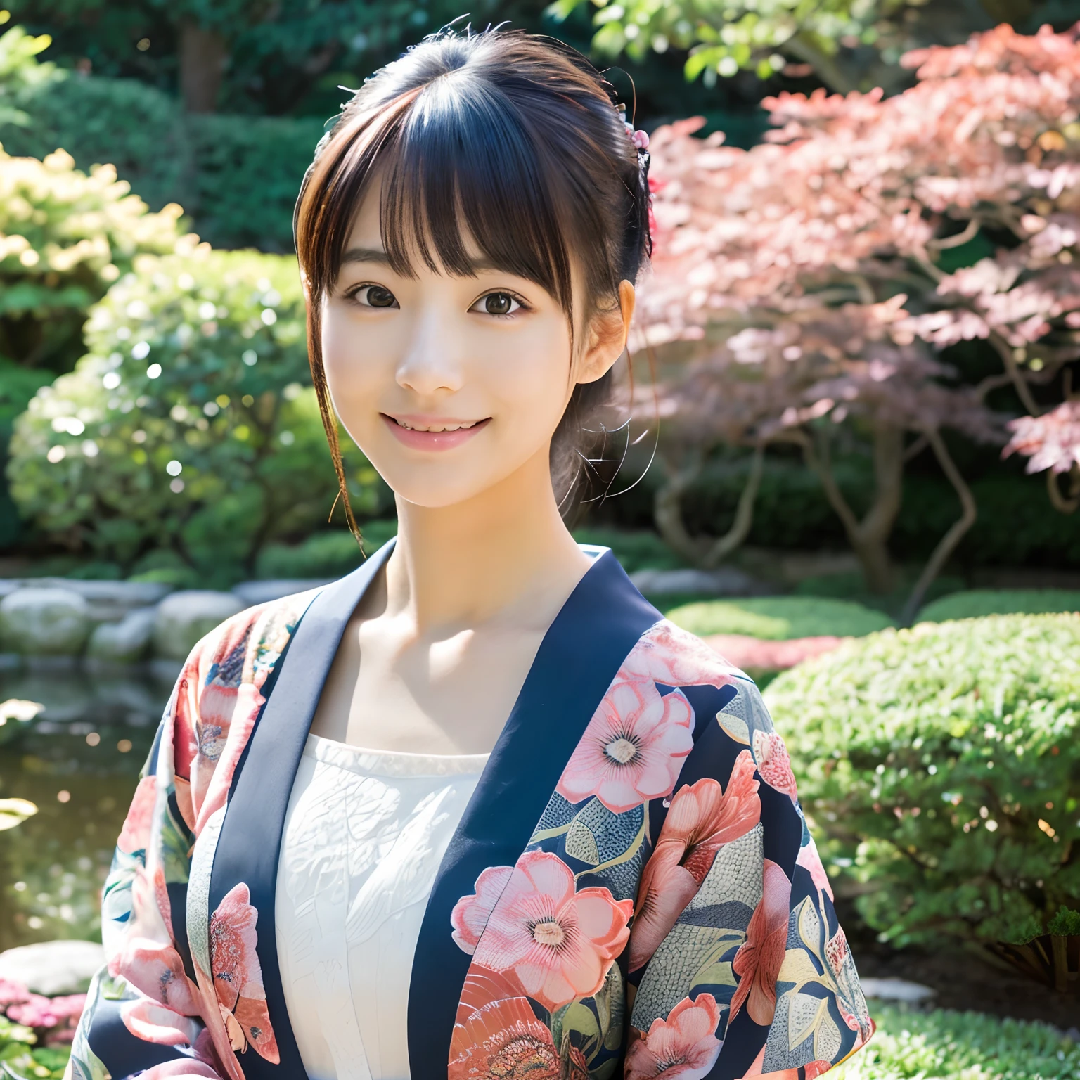 ((Best Quality)), ((masutepiece)), ((Realistic)), Girl with perfect beauty standing in a serene Japan garden, Scenic, masutepiece, (hight resolution), Original, extremely detailed 8K , (Photorealistic:1.4),face perfect, Perfect eyes,symmetrica body shape,Smile,