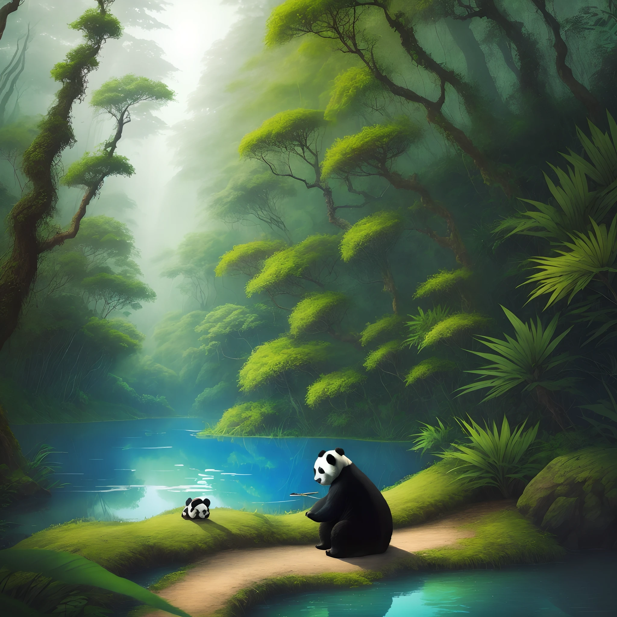 Lush red and blue weed rainforest with a panda smoking a blunt at the side of a rainforest lake