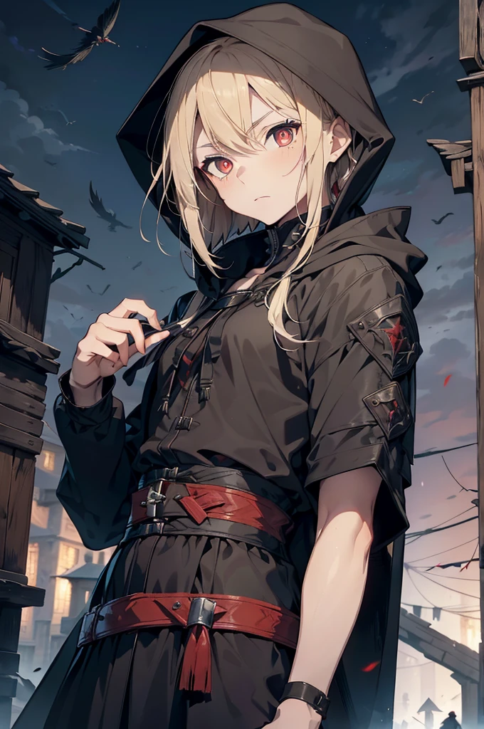 One young male boy around 14, male face, male appearance, skinny, tired eyes,((red pupils)), dark eye bags, pale skin, blond hair, messy mullet short styled hair, scruffy and messy appearance, ( dressed in a medieval assassin costume, hooded assassin's cloak), fantasy, raven feather falling from the sky