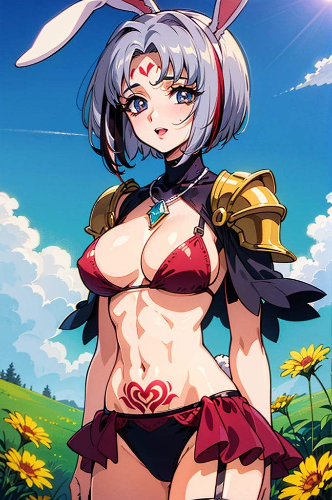 "(masterpiece:1.1), best quality,
1girl, (80s anime style:1.4), (eyelashes:1.5),
(intricate high detailed body:1.2),
silver hair,
(forehead:1.2), short blunt bangs, (very short hair, pixie cut:1.1), (rabbit ears:1.2),
brown eyes, (red lip stick, detailed pupils:1.1),
(muscular body:1.2), (large :1.1),
shy, open mouth,
(fishnet bikini armor, tattoo:1.2), (garter belt:1.1),
(flower brooch:1.1), (streaked hair:1.2), crystal necklace,
standing,
(upper body, looking at viewer, from front:1.1),
(daytime, grassland, outdoors:1.1)"