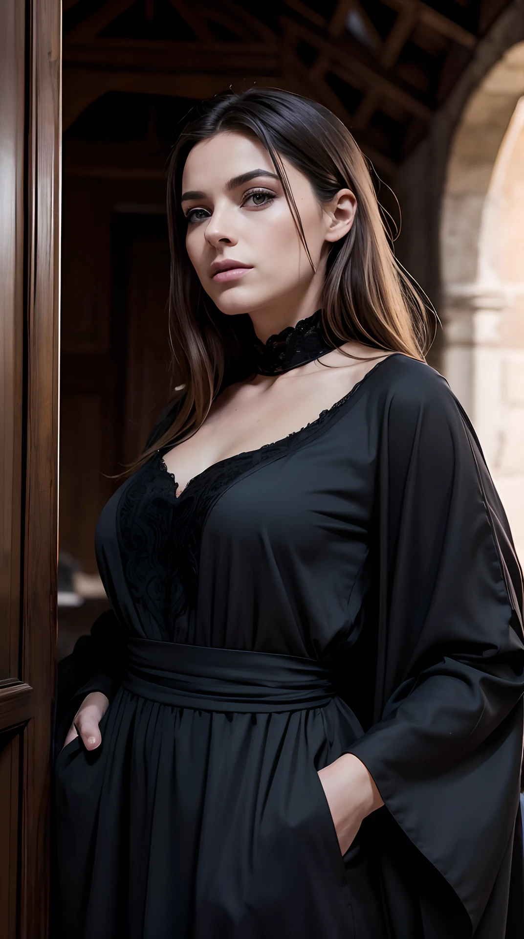 Foto hiperrealista, (((portrait LaGermania))), (brown eyes:1.3), masterpiece, best quality, (photorealistic:1.4), full body, wearing elegant 17th-century Baroque dress (luxury velvet gown:1.2), (elaborate lace and ribbons:1.1), painter’s atelier in Innsbruck, large arched windows, natural light, beautiful woman, slender, natural breasts, elaborate hairstyle, detailed face, intricate clothing details, rich fabric textures, classical setting, exquisite craftsmanship, historical atmosphere, muted colors, high contrast, relaxing tones, dark theme, natural skin texture, hyperrealism, soft light, sharp details, realistic, sexy clothes.