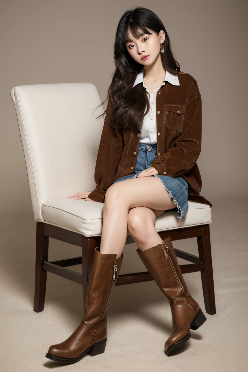 An Asian woman，24 years of age，Wear a brown corduroy shirt，curlies，long whitr hair，Qi bangs，short denim skirt，Western cowboy boots，Photographic quality，Ultra-clear，Full body sitting，White chair