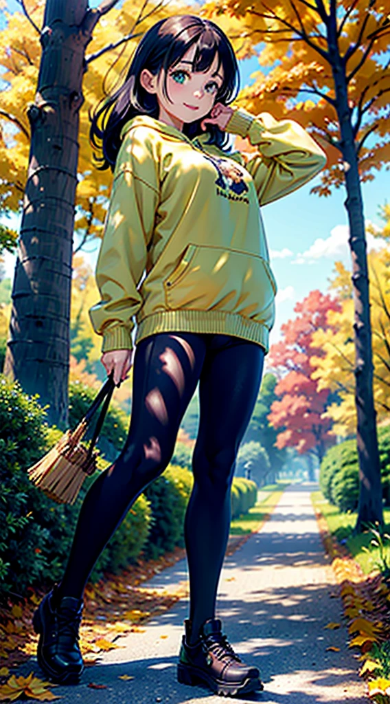 Masterpiece, Best Quality, hight resolution, Ultra-detailed), 1girl, chibi, barn, Autumn Casual Wear, Autumn Casual Shoes, black hair, Green eyes, gentle face, Smile, Shizuka Joestar, Take a walk in the garden, autumn, multicolored leaves on trees, (Stick in hands), combat pose