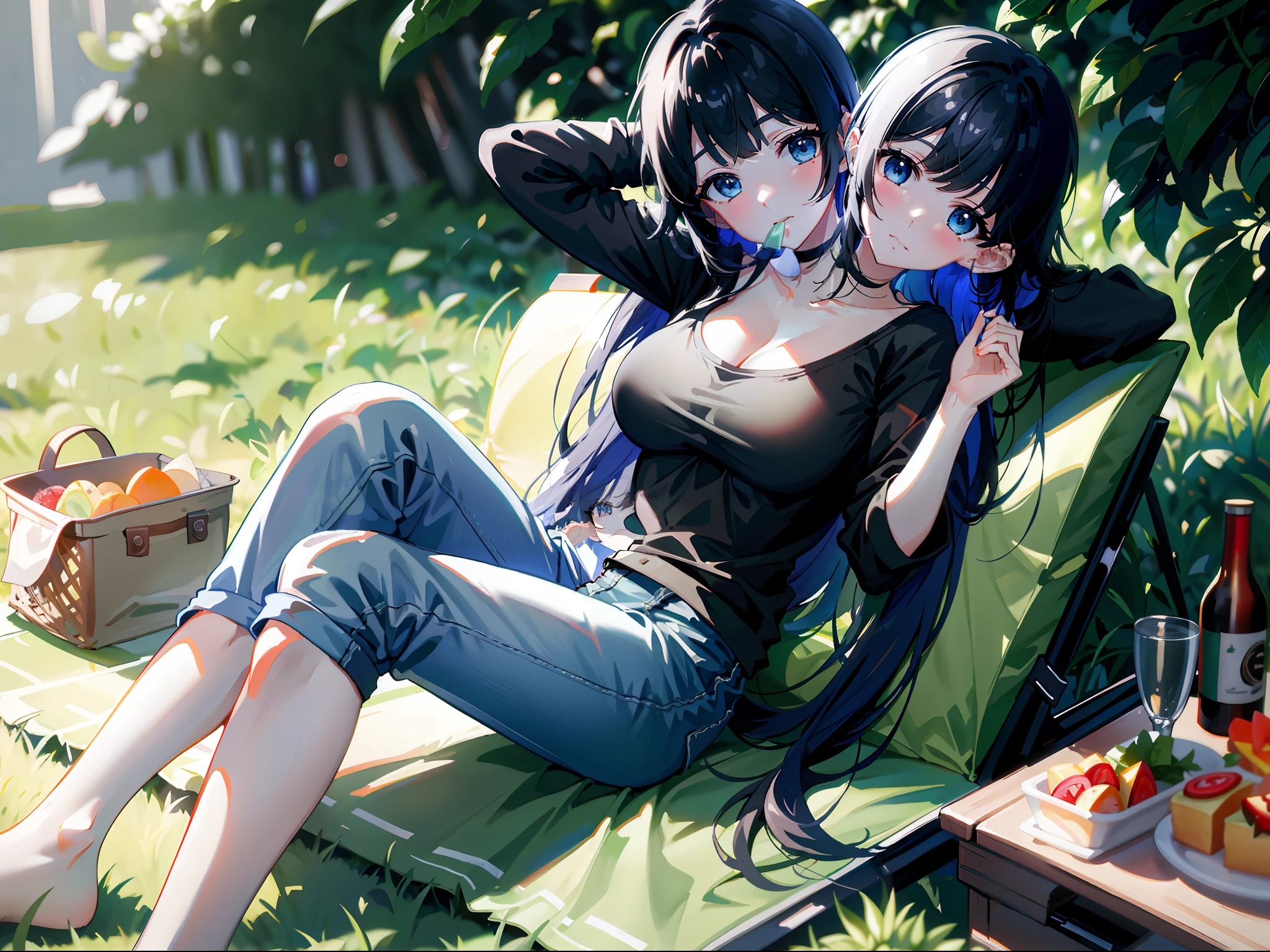 (masterpiece, best quality), best resolution, (2heads:1.5), 1girl, PA-san character, black hair, blue underdye, blue eyes, bite of sandwich in mouth, relaxed, black shirt, dark gray pants, sitting on a picnic cloth, bitten sandwich in hand, hilltop, picnic, perfect anatomy