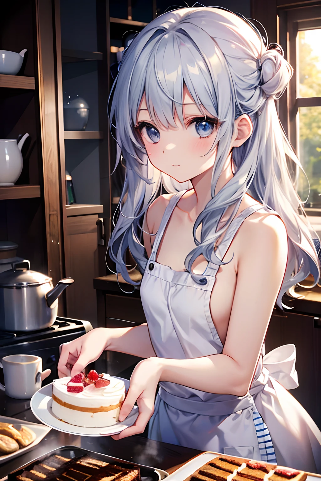 (masutepiece, Best Quality:1.2), 1girl in, Solo, Cute, kawaii, Naked in an apron、digitalart、Aimei、(long, Beautiful,Silver hair.Flowing in the wind)、Xmas Background、Look: kitchin、Cooking dishes(Making a cake)、brightly lit room, Confident expression 、glistning skin、Small-faced beauty,High Angle Lens、perfect-composition、Perfect light and shadow delicacy、8K